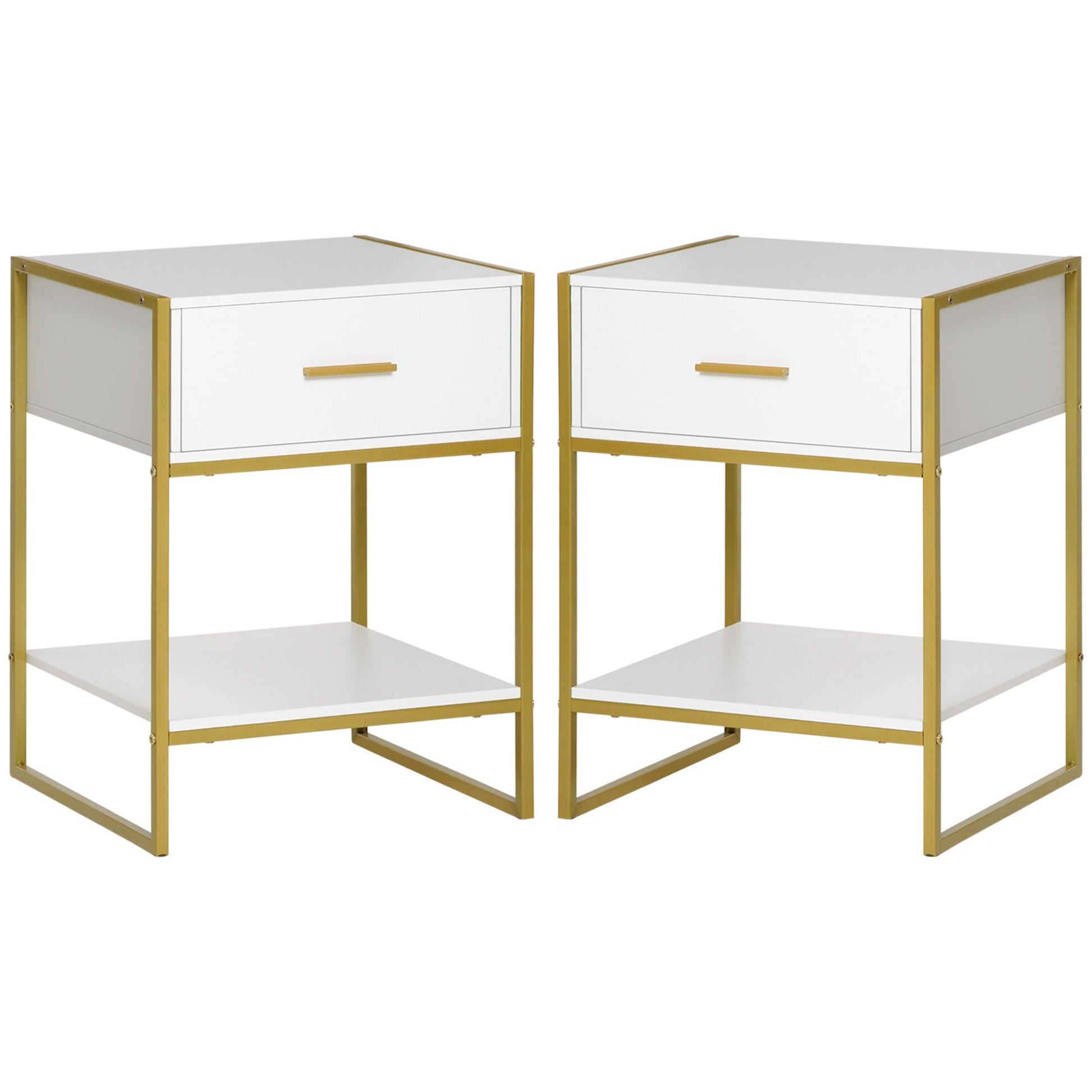 HOMCOM Bedside Table Set of 2, Modern Side Table with Drawer and Shelf, Nightstand for Bedroom, White