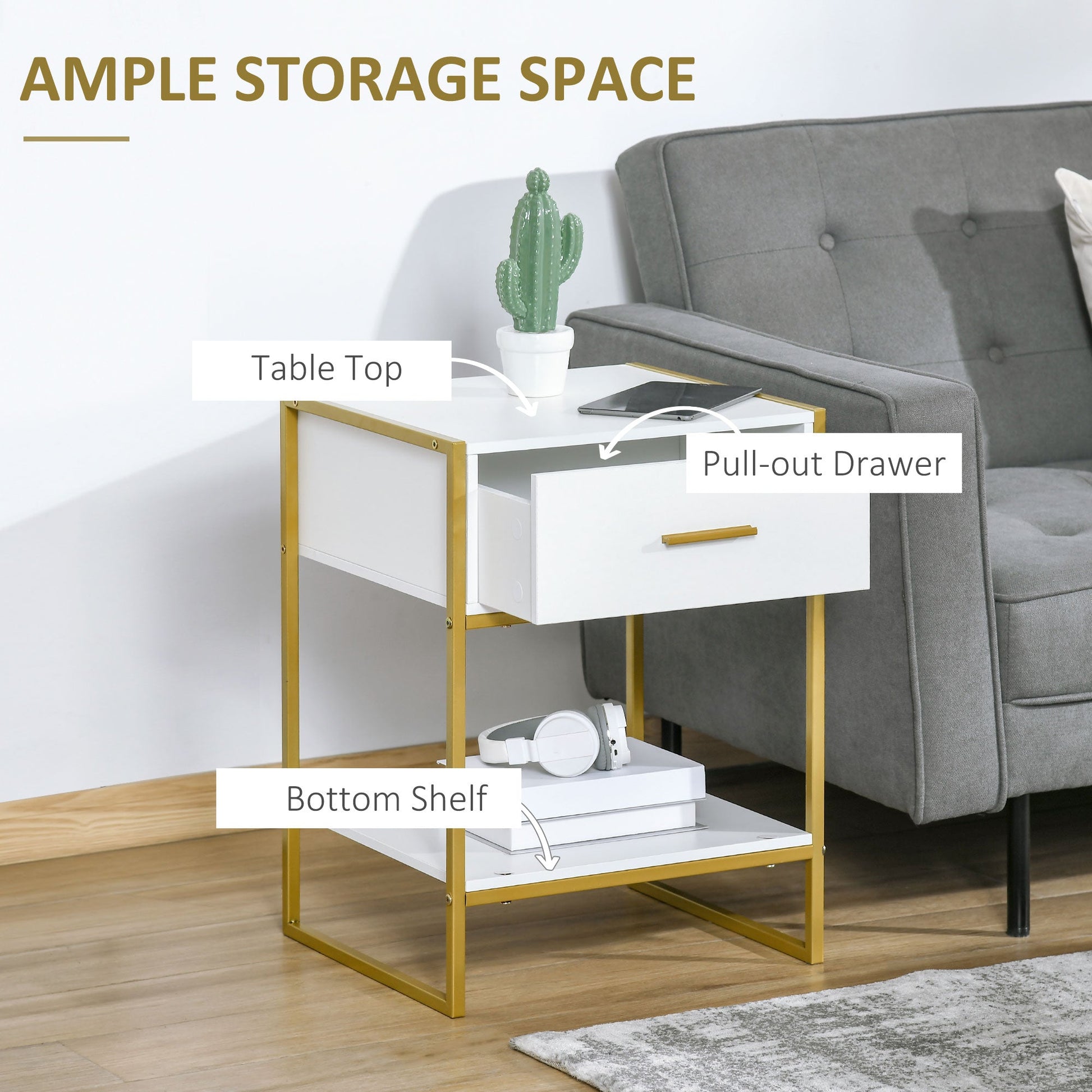 HOMCOM Bedside Table Set of 2, Modern Side Table with Drawer and Shelf, Nightstand for Bedroom, White