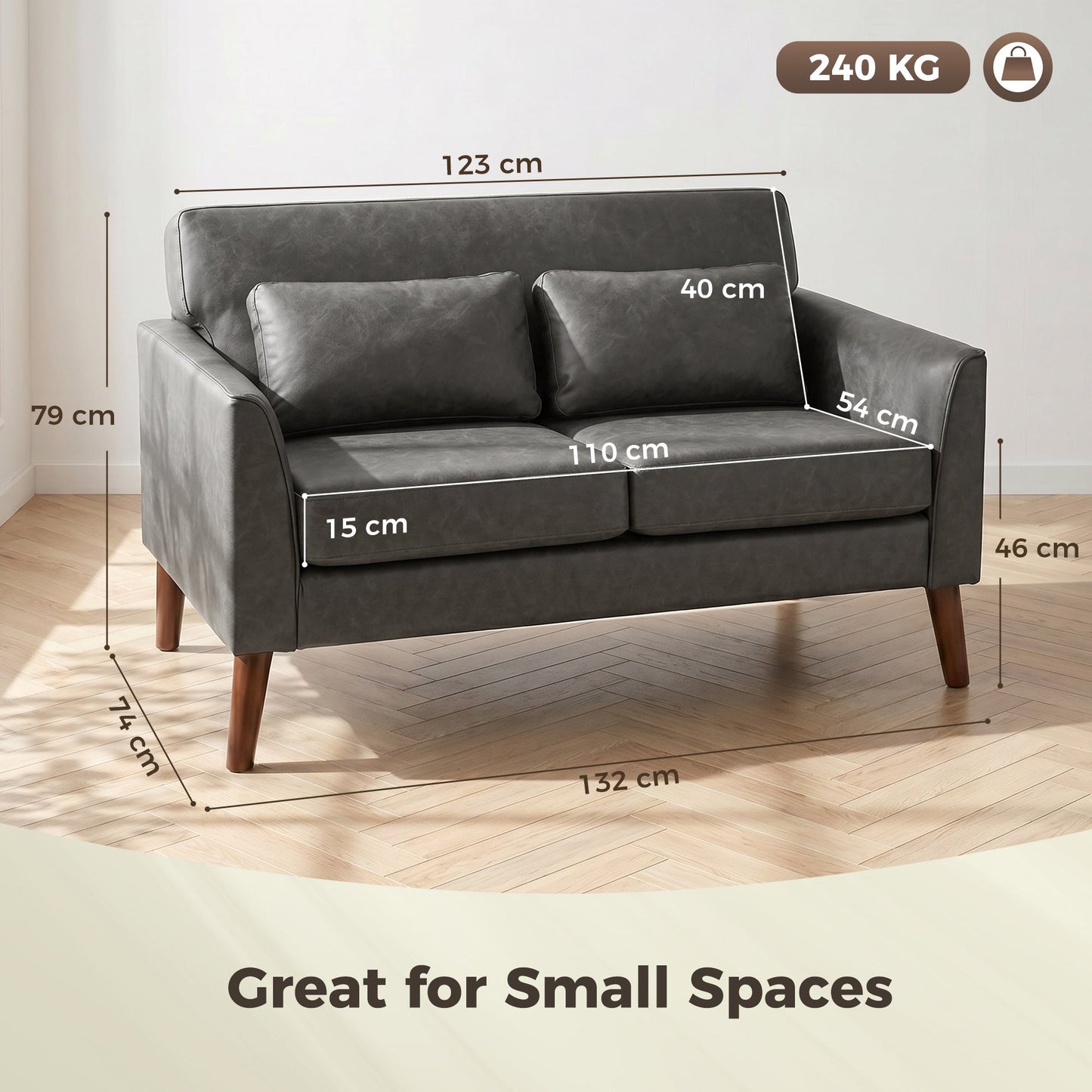 2 Seater Sofa, 132 cm Modern Small Sofa, PU Leather Upholstered Loveseat with Solid Wood Legs and 2 Pillows, Couch Settee for Small Space, Living Room, Bedroom, Home Office, Grey