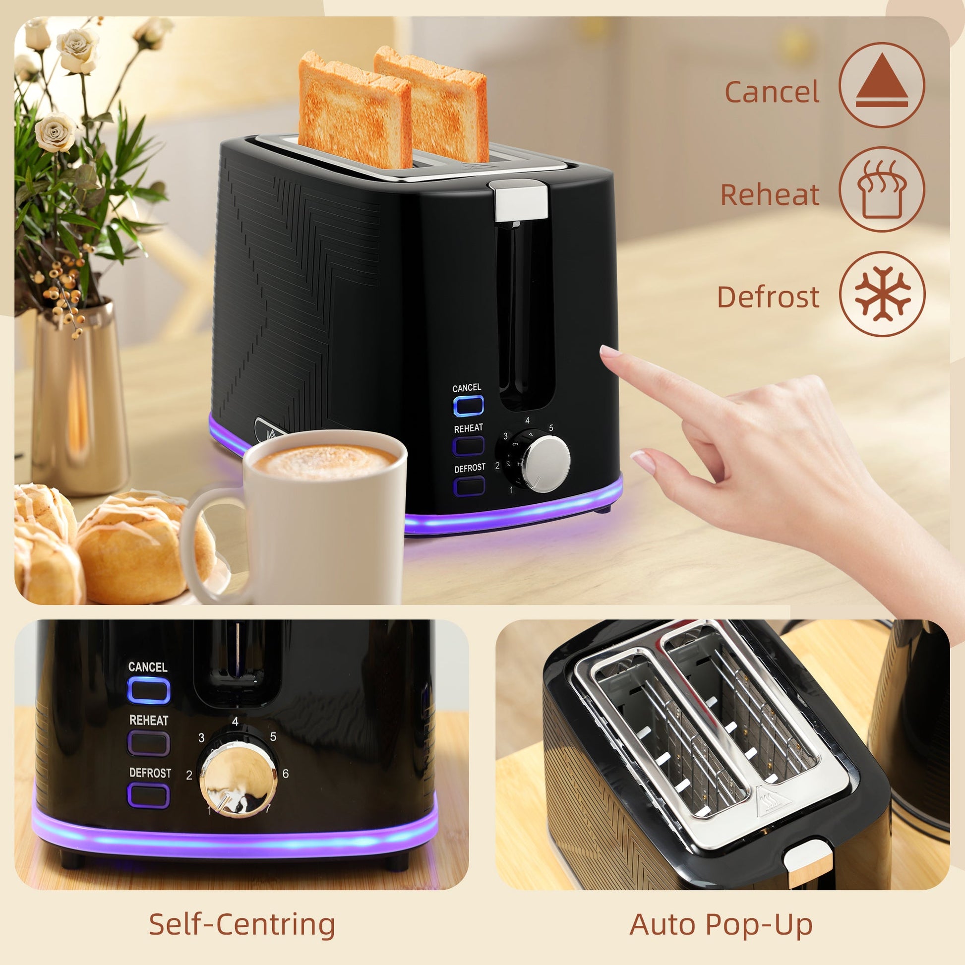Kettle and Toaster Set, 1.7L 3000W Rapid Boil Jug Kettle with Otter Thermostat, Limescale Filter, 2 Slice Toaster with 7 Browning Controls, Crumb Tray, Black