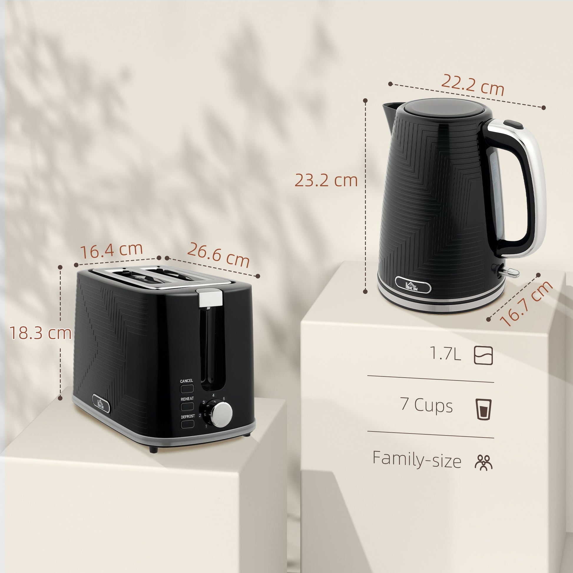 Kettle and Toaster Set, 1.7L 3000W Rapid Boil Jug Kettle with Otter Thermostat, Limescale Filter, 2 Slice Toaster with 7 Browning Controls, Crumb Tray, Black