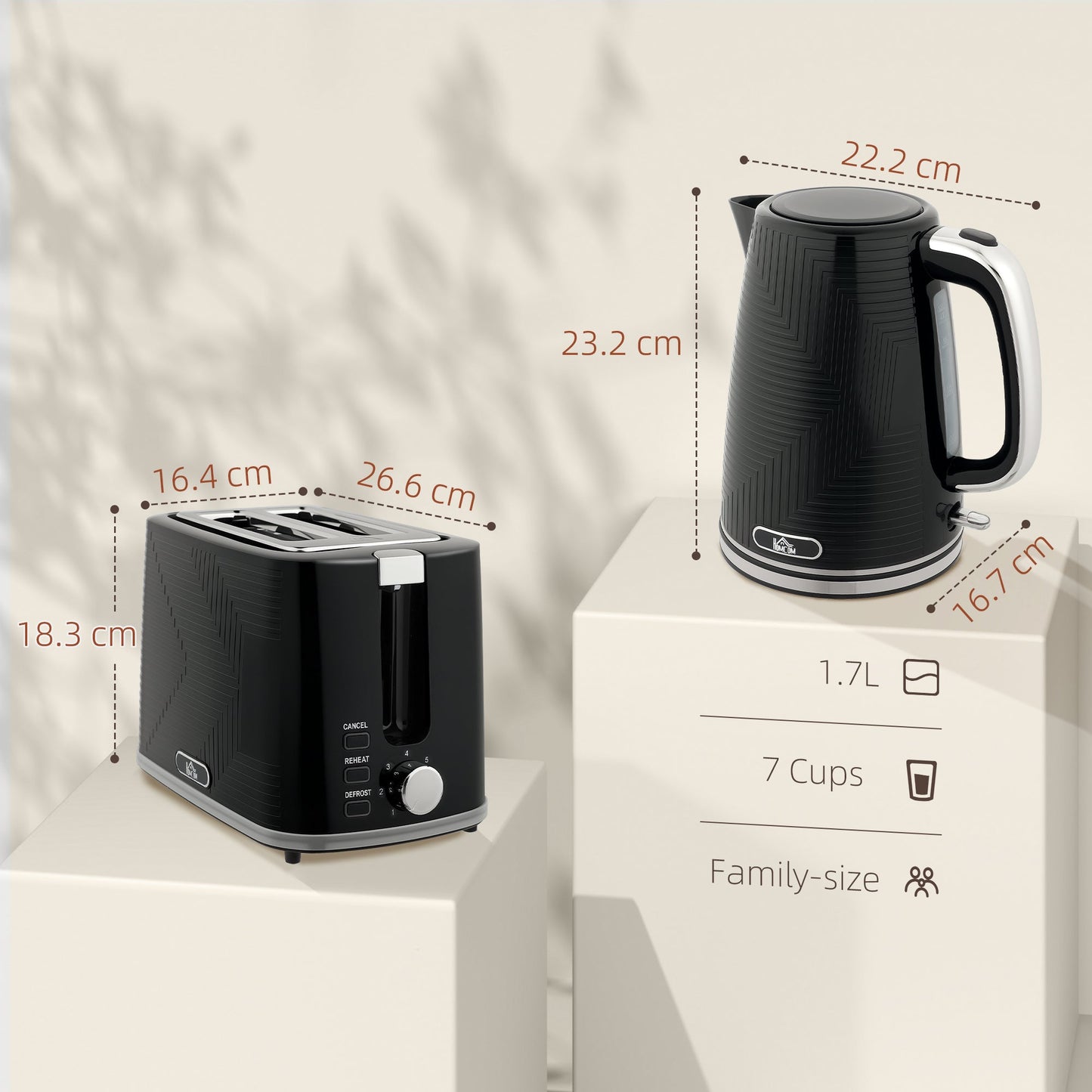 Kettle and Toaster Set, 1.7L 3000W Rapid Boil Jug Kettle with Otter Thermostat, Limescale Filter, 2 Slice Toaster with 7 Browning Controls, Crumb Tray, Black