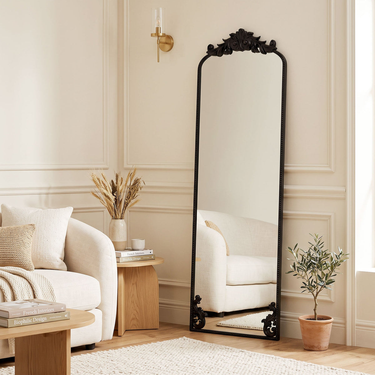 Full Length Mirror, 50 x 160 cm Hanging or Leaning Against Wall Floor Mirror with Baroque Metal Frame for Bedroom, Living Room, Dressing Room, Black