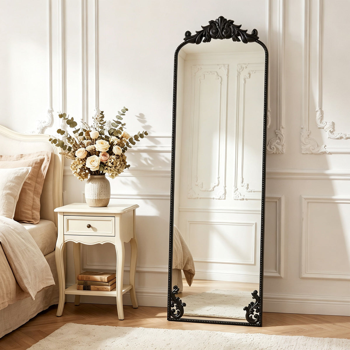 Full Length Mirror, 50 x 160 cm Hanging or Leaning Against Wall Floor Mirror with Baroque Metal Frame for Bedroom, Living Room, Dressing Room, Black