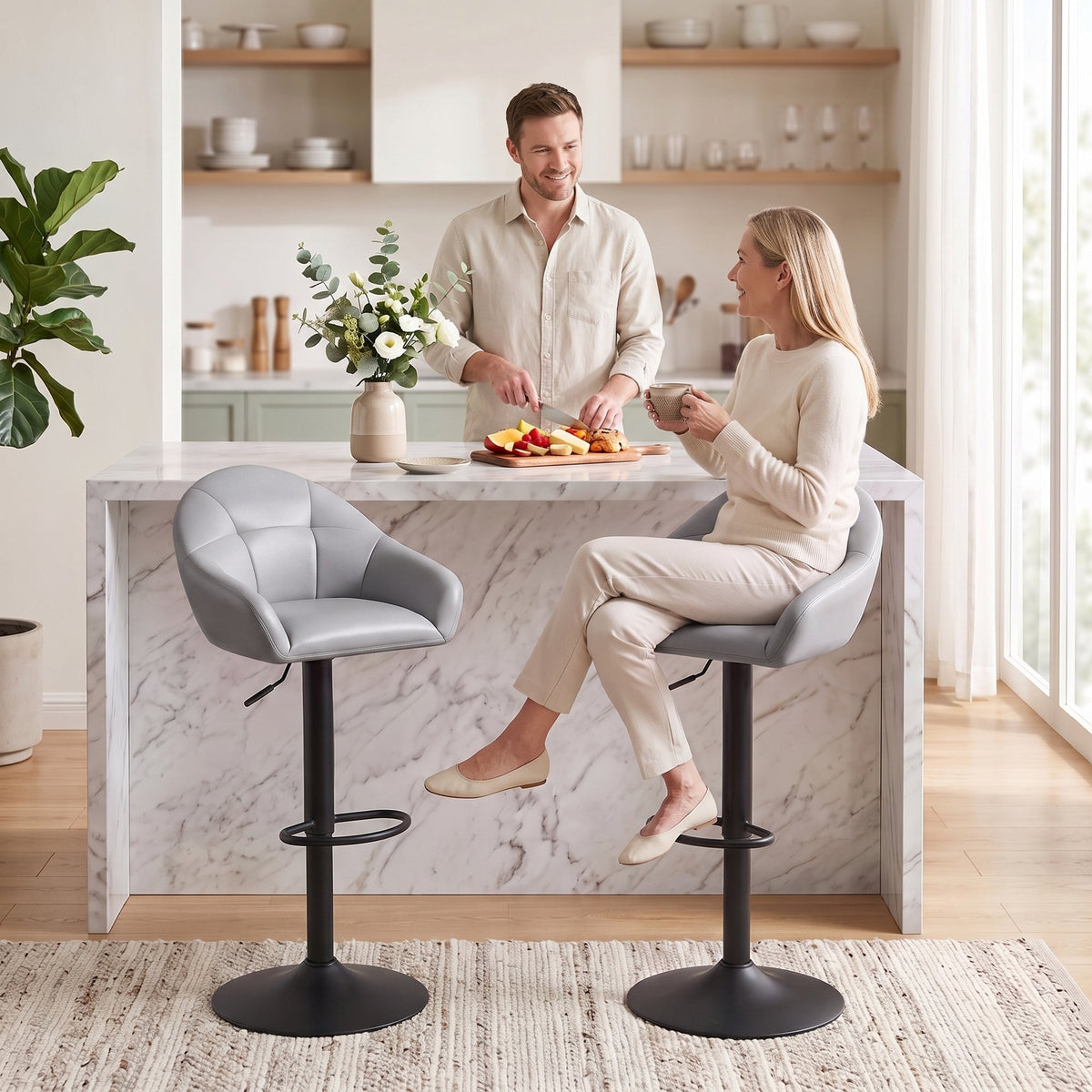 Breakfast Bar Stools Set of 2, Modern Faux Leather Swivel Barstools, Adjustable Counter Height Bar Chairs with Backrest, Arm, Footrest for Kitchen Island, Dining Room, Bar, Grey