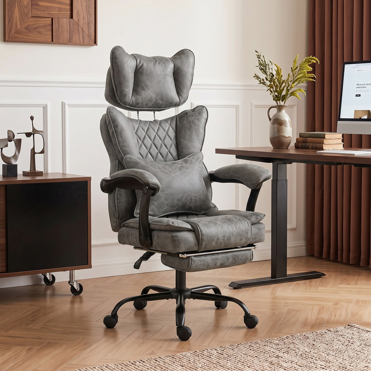 Executive Office Chair, 180kg Big and Tall Leathaire Desk Chair with Adjustable Headrest, Lumbar Support, Wide Seat, Reclining Back, Footrest, Swivel Wheels, Grey