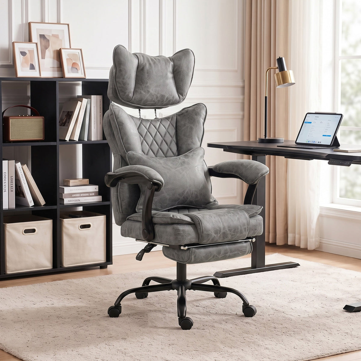 Executive Office Chair, 180kg Big and Tall Leathaire Desk Chair with Adjustable Headrest, Lumbar Support, Wide Seat, Reclining Back, Footrest, Swivel Wheels, Grey