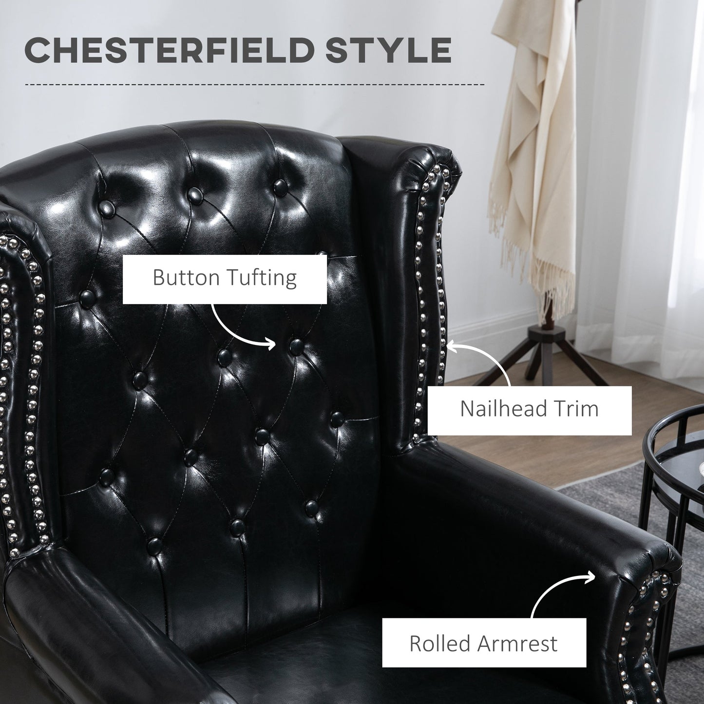 HOMCOM Wingback Armchair, Chesterfield-style PU Leather Fireside Chair, Button Tufted Accent Chair with Nailhead Trim for Living Room, Bedroom, Home Office, Black