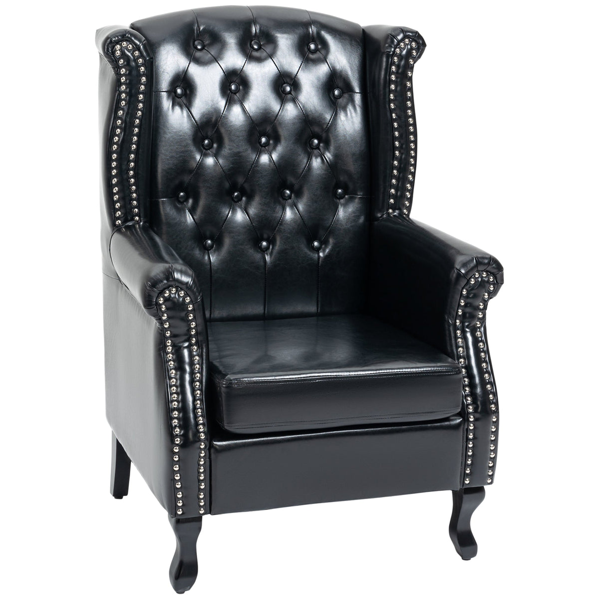HOMCOM Wingback Armchair, Chesterfield-style PU Leather Fireside Chair, Button Tufted Accent Chair with Nailhead Trim for Living Room, Bedroom, Home Office, Black