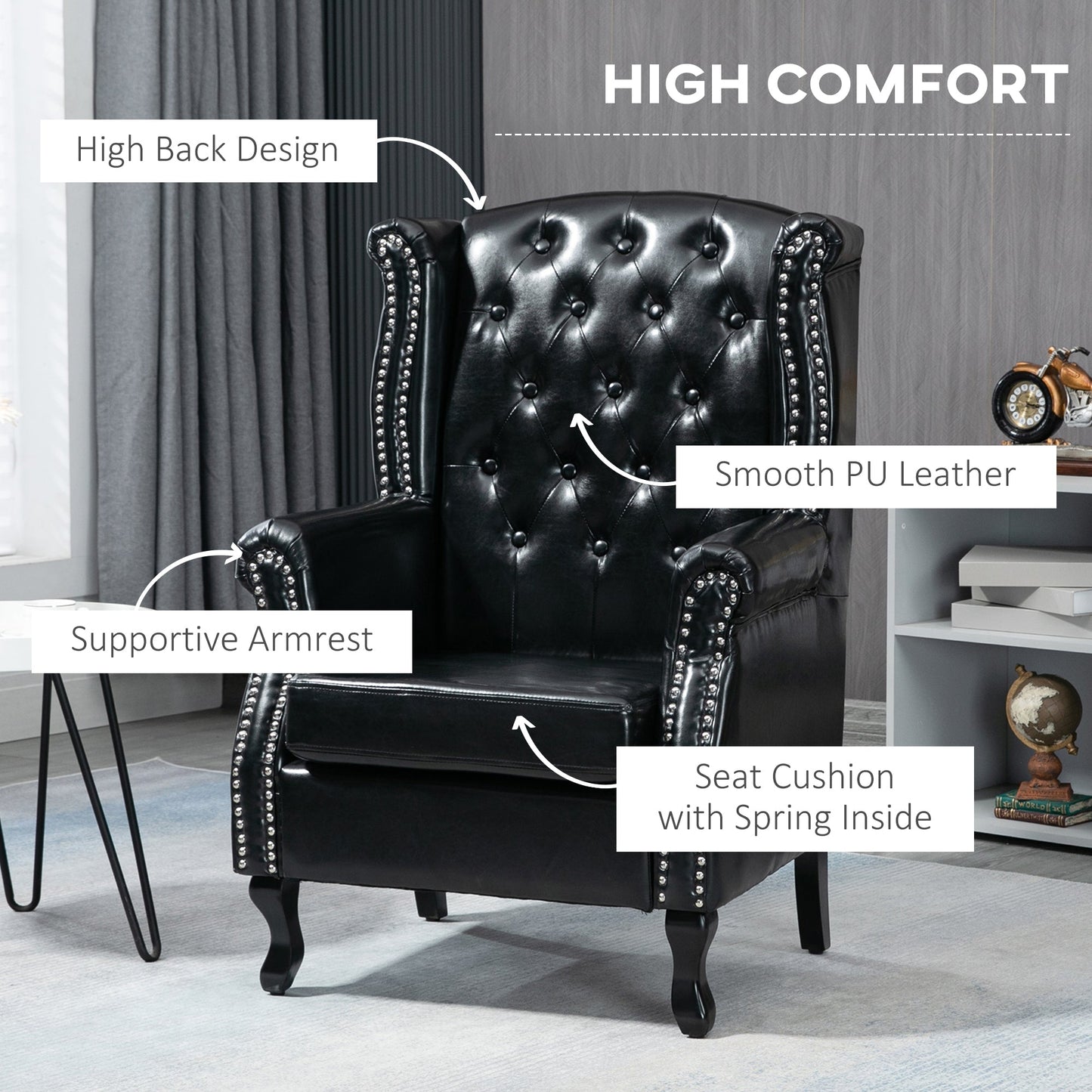 HOMCOM Wingback Armchair, Chesterfield-style PU Leather Fireside Chair, Button Tufted Accent Chair with Nailhead Trim for Living Room, Bedroom, Home Office, Black