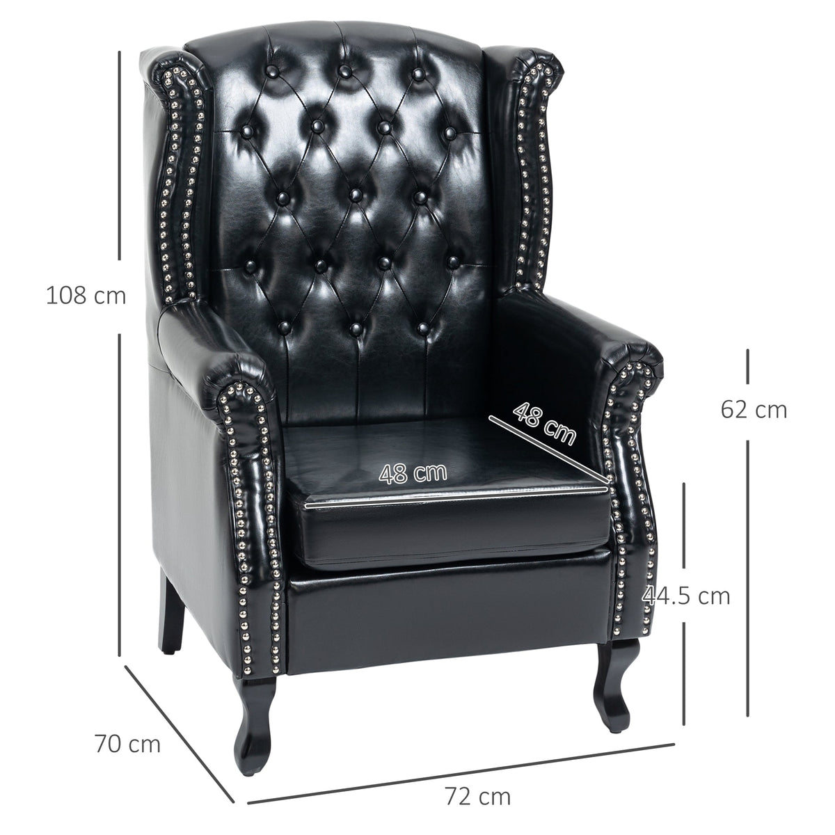 HOMCOM Wingback Armchair, Chesterfield-style PU Leather Fireside Chair, Button Tufted Accent Chair with Nailhead Trim for Living Room, Bedroom, Home Office, Black