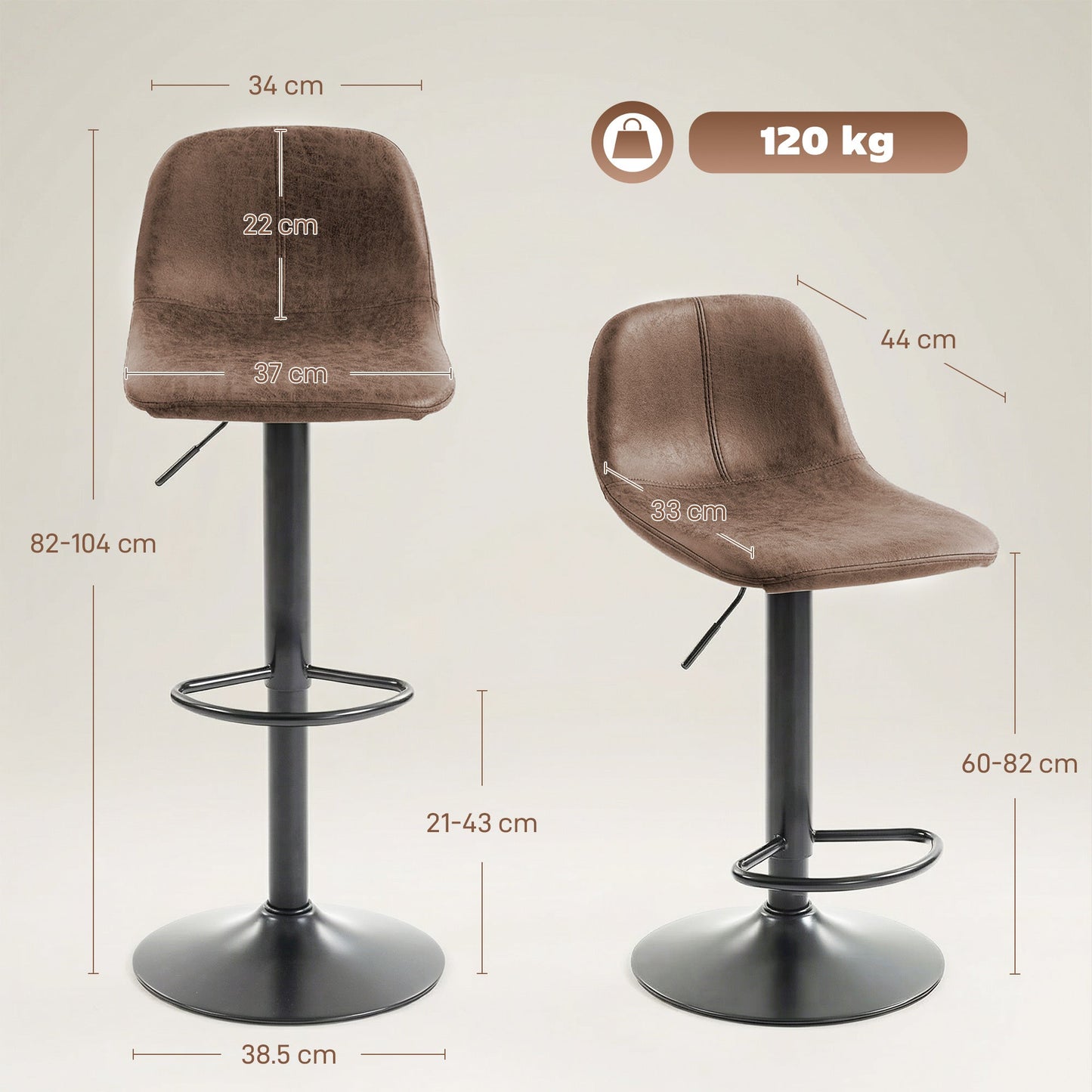 Bar Stools Set of 2, Modern Swivel Barstools, Height Adjustable Breakfast Bar Chairs with Footrest for Kitchen Island and Dining Room, Brown