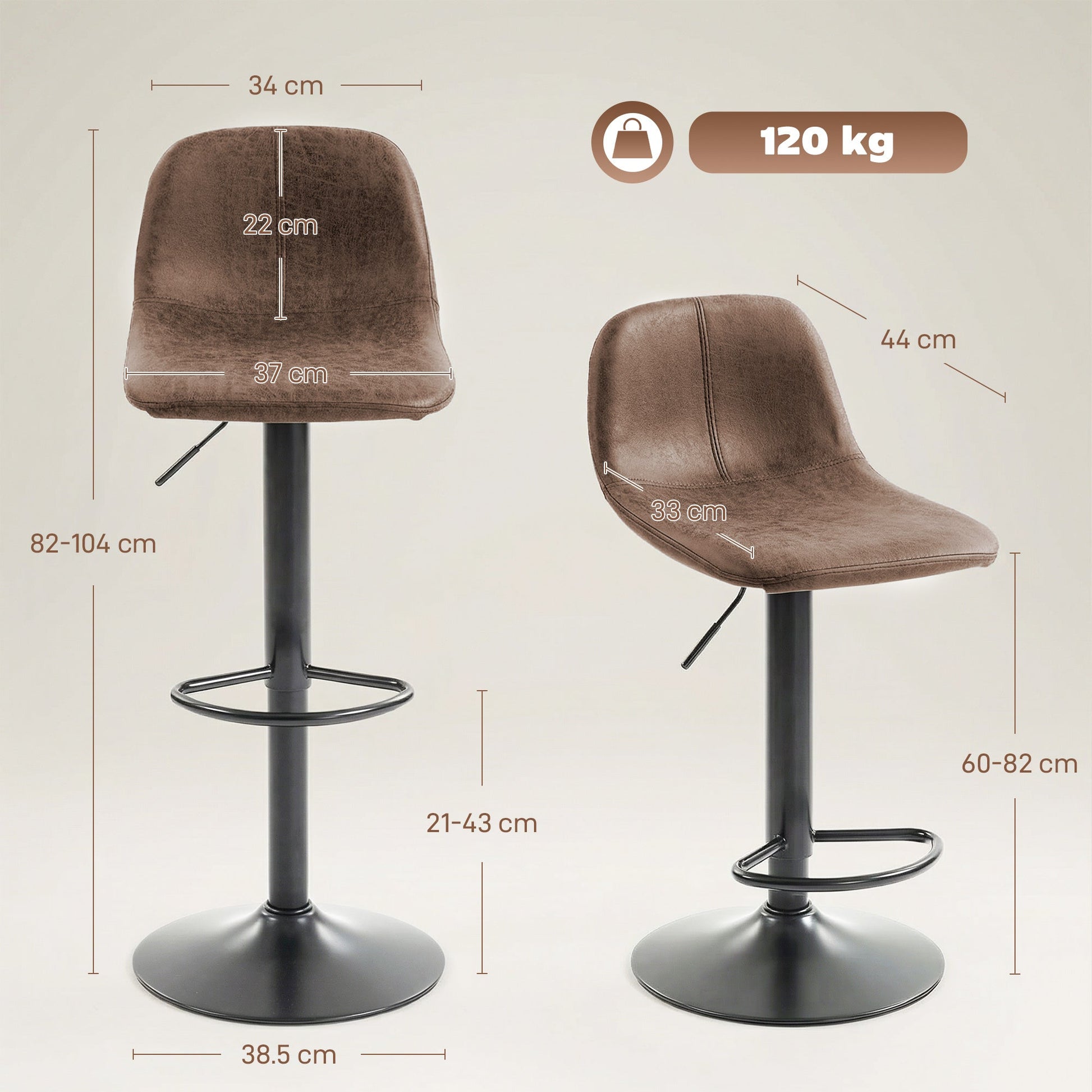 Bar Stools Set of 2, Modern Swivel Barstools, Height Adjustable Breakfast Bar Chairs with Footrest for Kitchen Island and Dining Room, Brown