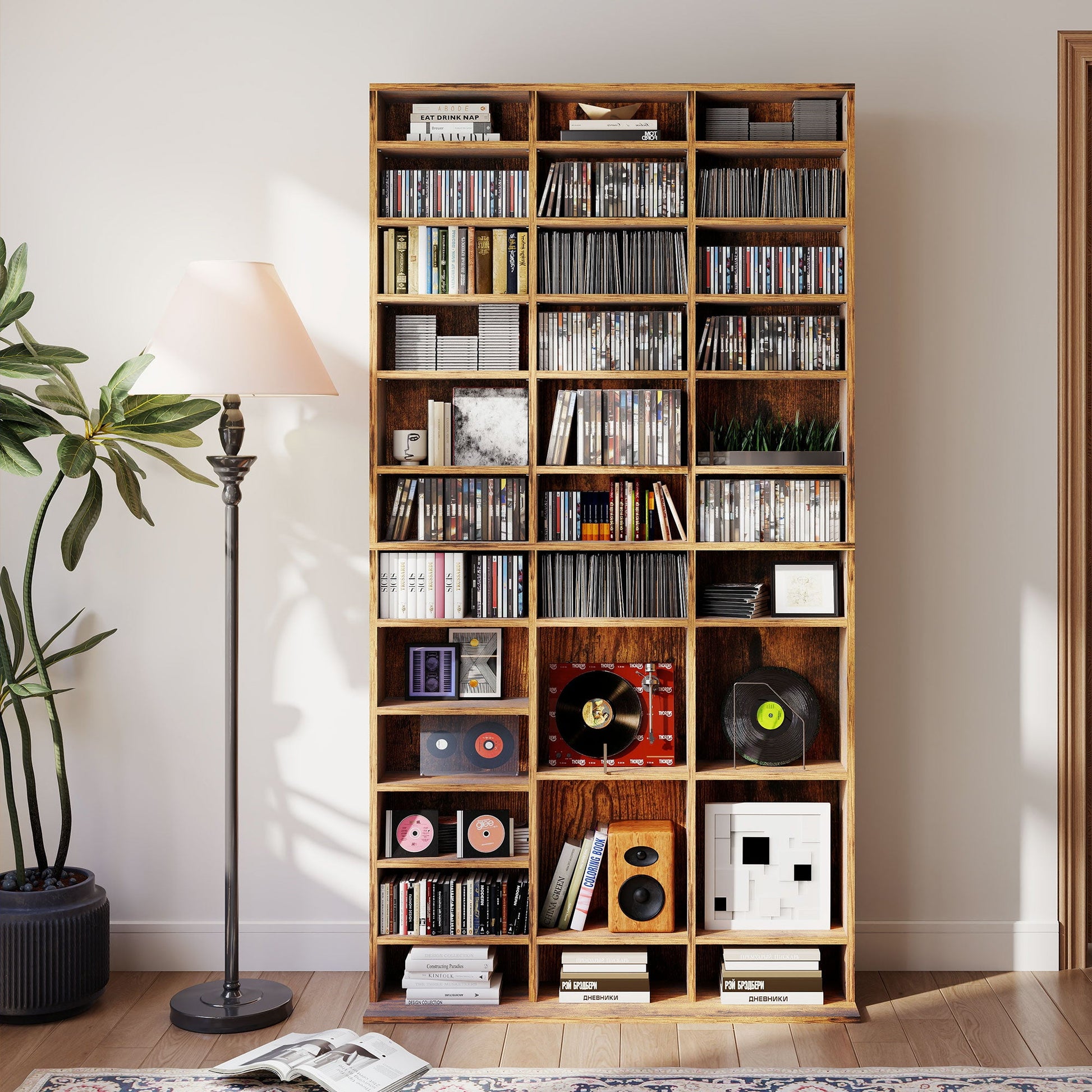 1116 CD/ 528 DVD Storage Unit, Media Storage Shelf, Wooden Display Unit with Adjustable Shelves, 102 x 195 cm, Rustic Brown