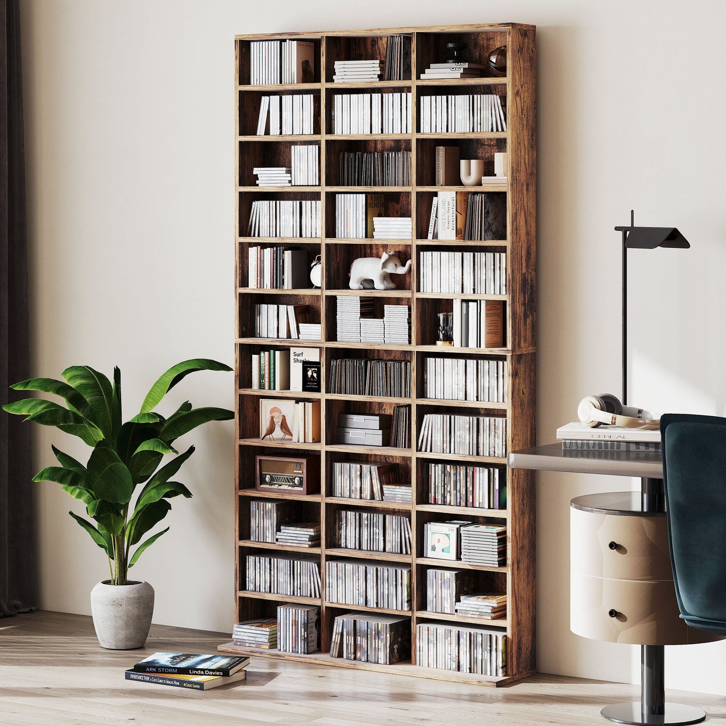 1116 CD/ 528 DVD Storage Unit, Media Storage Shelf, Wooden Display Unit with Adjustable Shelves, 102 x 195 cm, Rustic Brown
