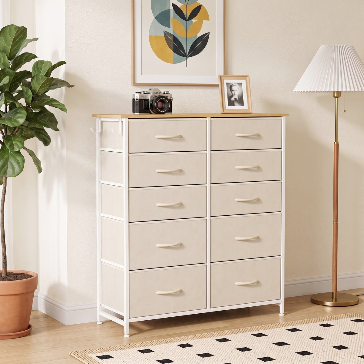 Chest of Drawers, Dresser for Bedroom with 10 Fabric Drawers, Tall Storage Unit with 4 Pockets, 2 Hooks and Steel Frame for Living Room, Hallway, Beige