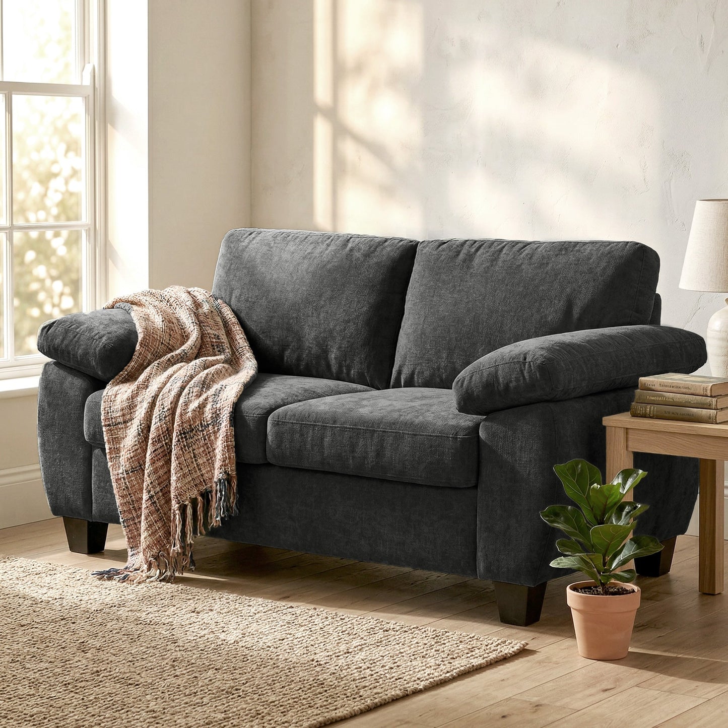 2 Seater Sofa, 156cm Chenille Loveseat Sofa with Thick Spring Cushions, Wide Padded Armrests, Couch Settee for Small Space, Living Room, Bedroom, Home Office, 300KG Capacity, Dark Grey