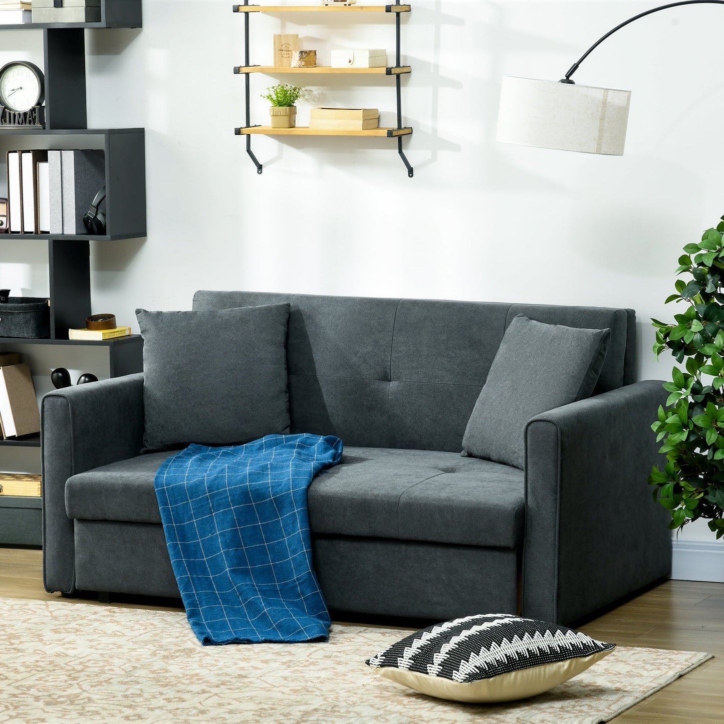 HOMCOM 2 Seater Sofa Bed, Convertible Bed Settee, Modern Fabric Loveseat Sofa Couch with 2 Cushions, Hidden Storage for Living Room, Guest Room, Dark Grey