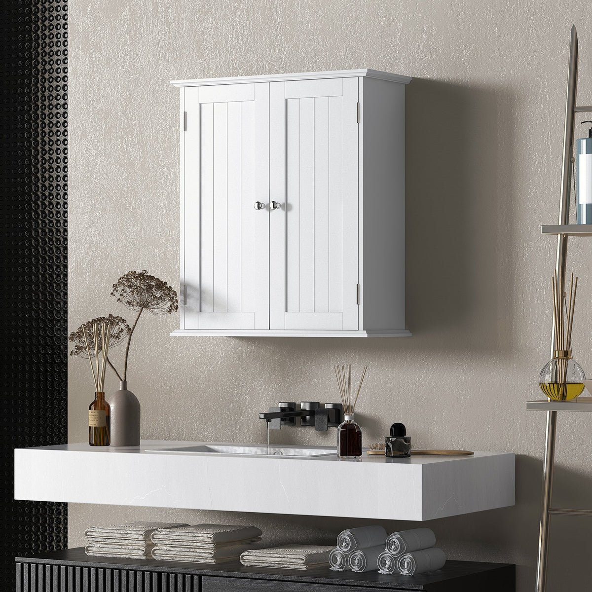Bathroom Wall Cabinet, 3-Tier Wall-Mounted Bathroom Storage Cabinet with Adjustable Shelf, 2 Doors, Space Saver Medicine Cupboard, 53 x 22 x 61 cm, White