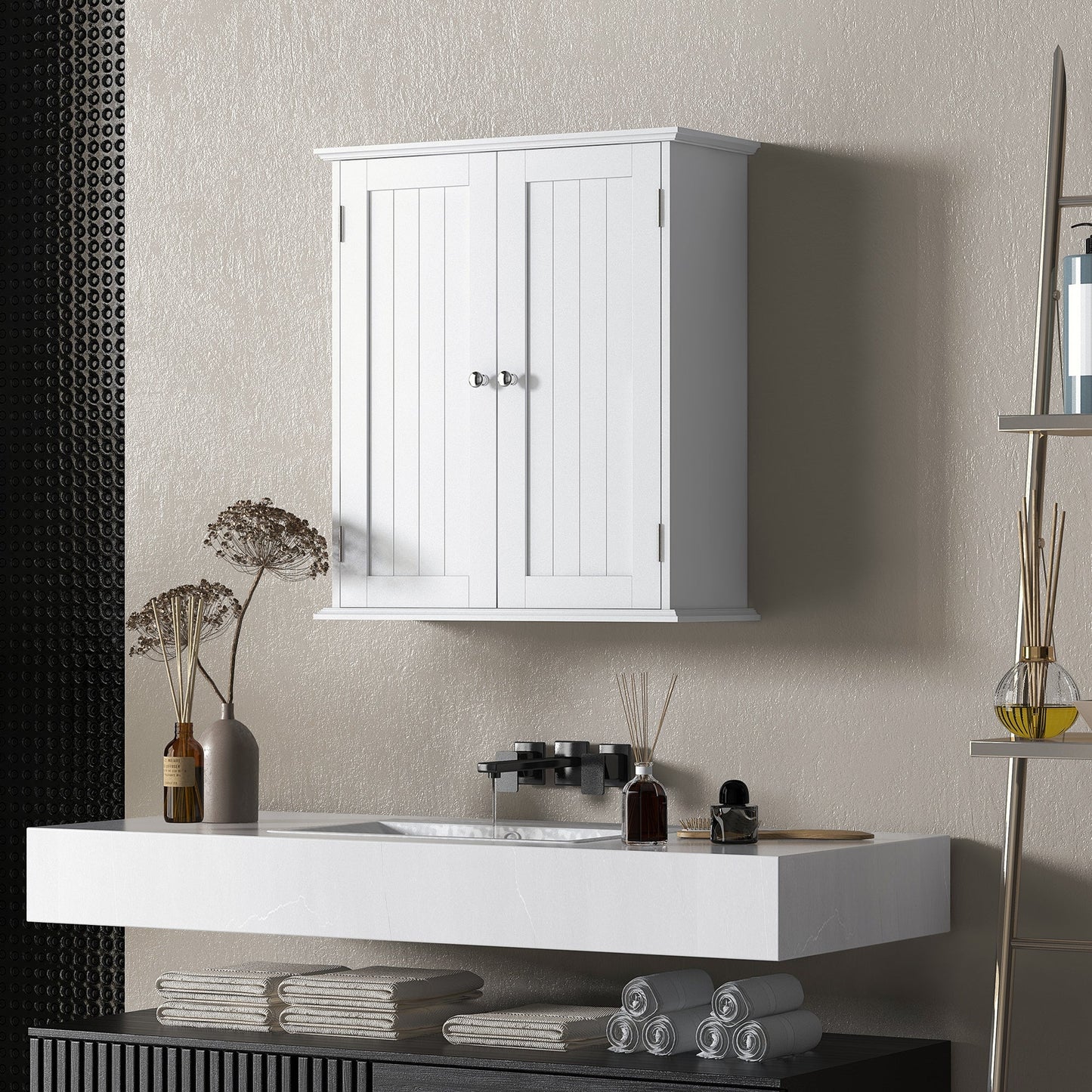 Bathroom Wall Cabinet, 3-Tier Wall-Mounted Bathroom Storage Cabinet with Adjustable Shelf, 2 Doors, Space Saver Medicine Cupboard, 53 x 22 x 61 cm, White