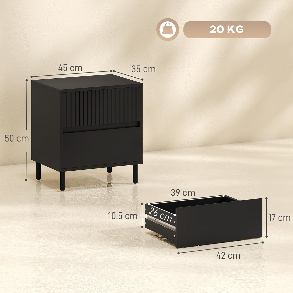 Bedside Table, Side Table with 2 Drawers, Bedside Cabinet with Storage and Steel Legs for Bedroom, Living Room, Black