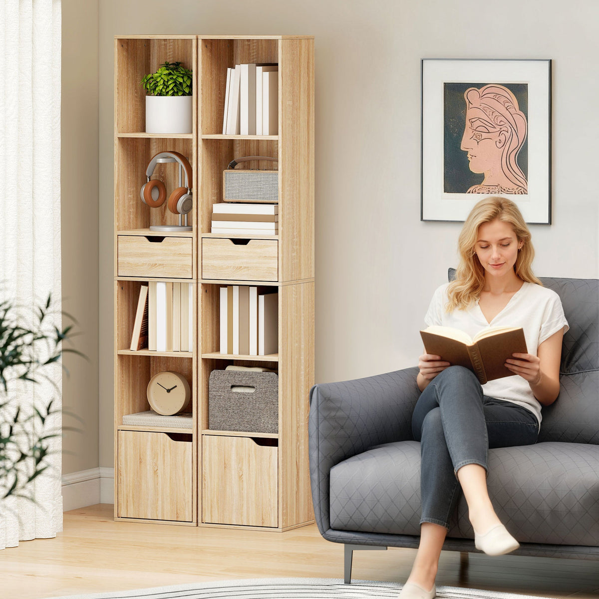 6-Tier Bookcase, Tall Narrow Bookshelf with Drawer, Door, Adjustable Shelf, Modern Display Standing Shelving Unit for Living Room, Home Office, Bedroom, 30 x 24 x 158 cm, Natural Wood Finish
