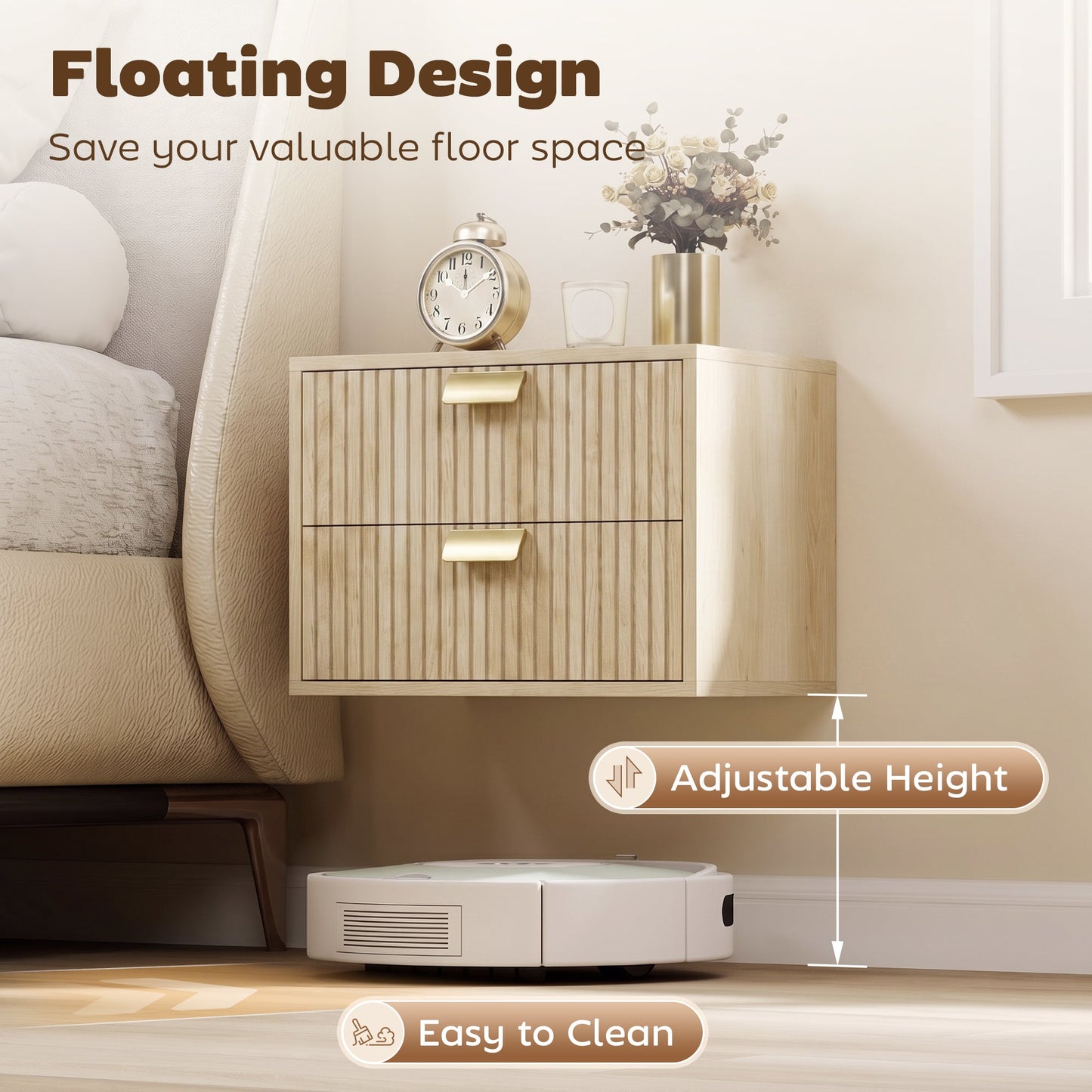 Modern Floating Nightstands Set of 2, Wall Mounted Bedside Tables with 2 Wave Drawers, Bedside Cabinets for Bedroom Living Room, Oak