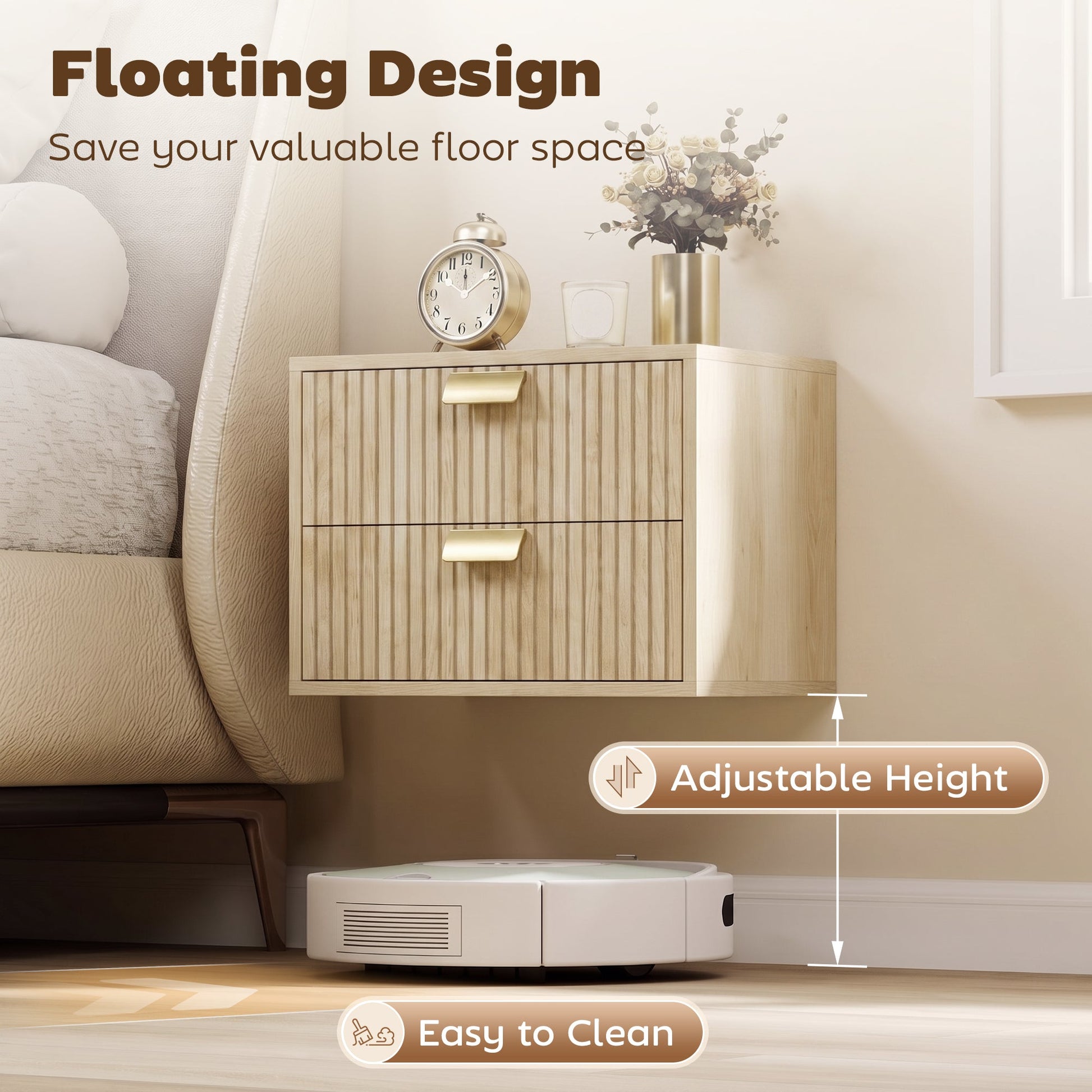 Modern Floating Nightstands Set of 2, Wall Mounted Bedside Tables with 2 Wave Drawers, Bedside Cabinets for Bedroom Living Room, Oak