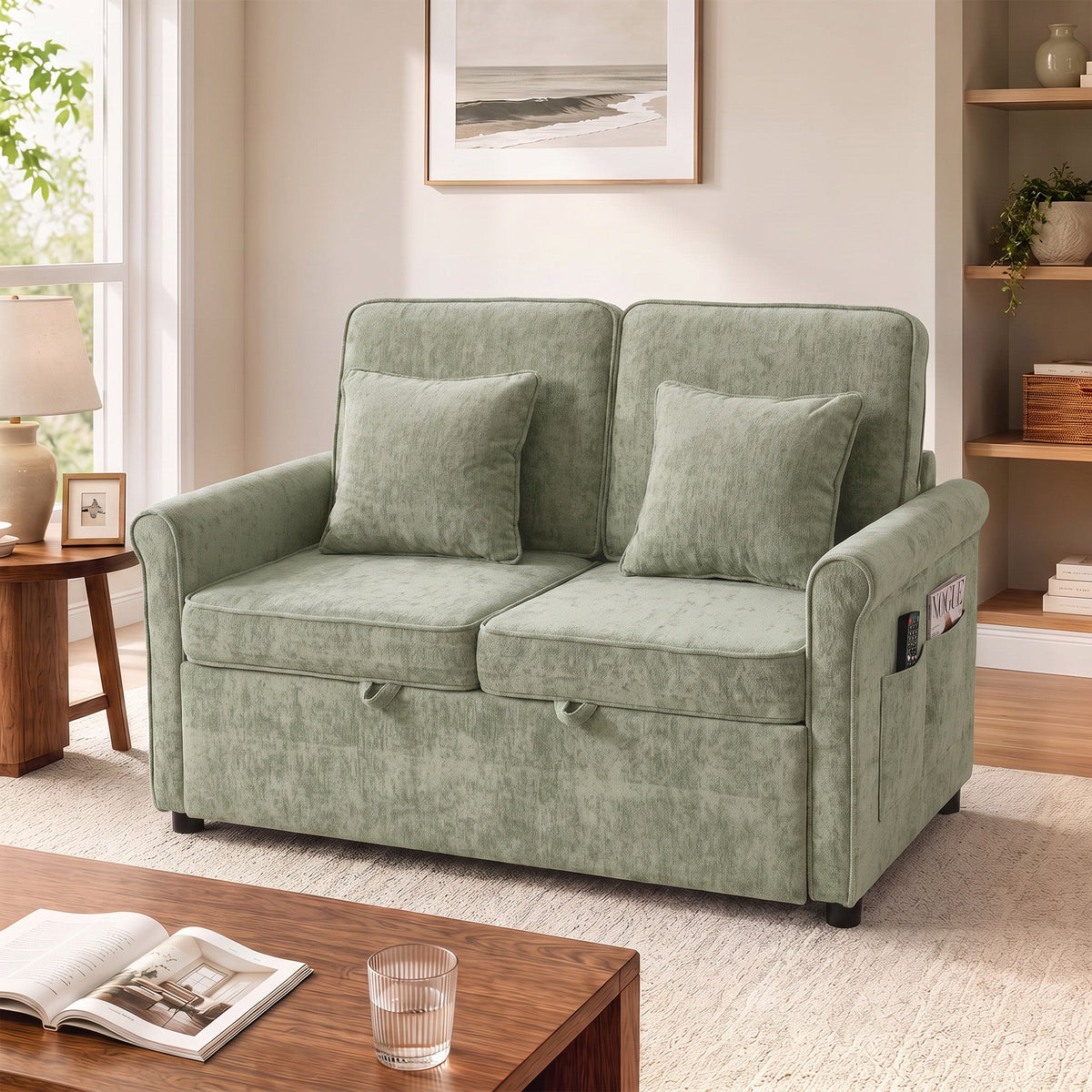2 Seater Sofa Bed, 3-in-1 Convertible Pull Out Double Sleeper Sofa 190 x 130 cm, 5-Position Adjustable Backrest, Chenille Loveseat Bed Settee for Living Room, Bedroom, Guest Room, Light Green