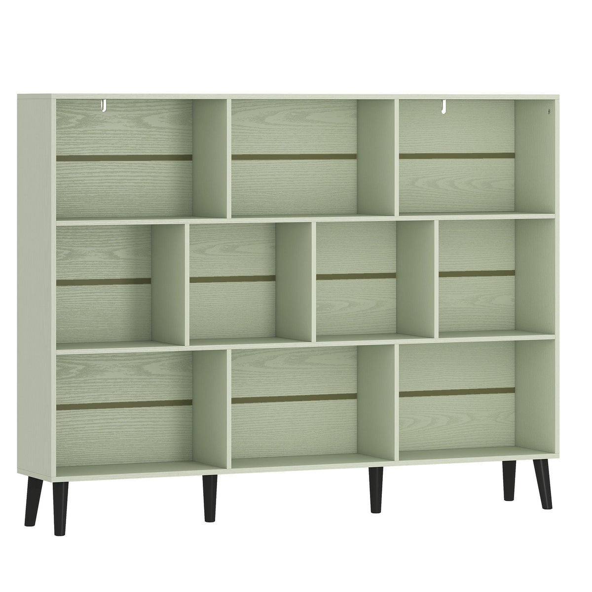 10-Cube Bookshelf, 3-Tier Bookcase with Solid Wood Legs, 140 cm Modern Freestanding Book Shelf with Anti-Tip Kit for Bedroom Living Room Study Office, Light Green