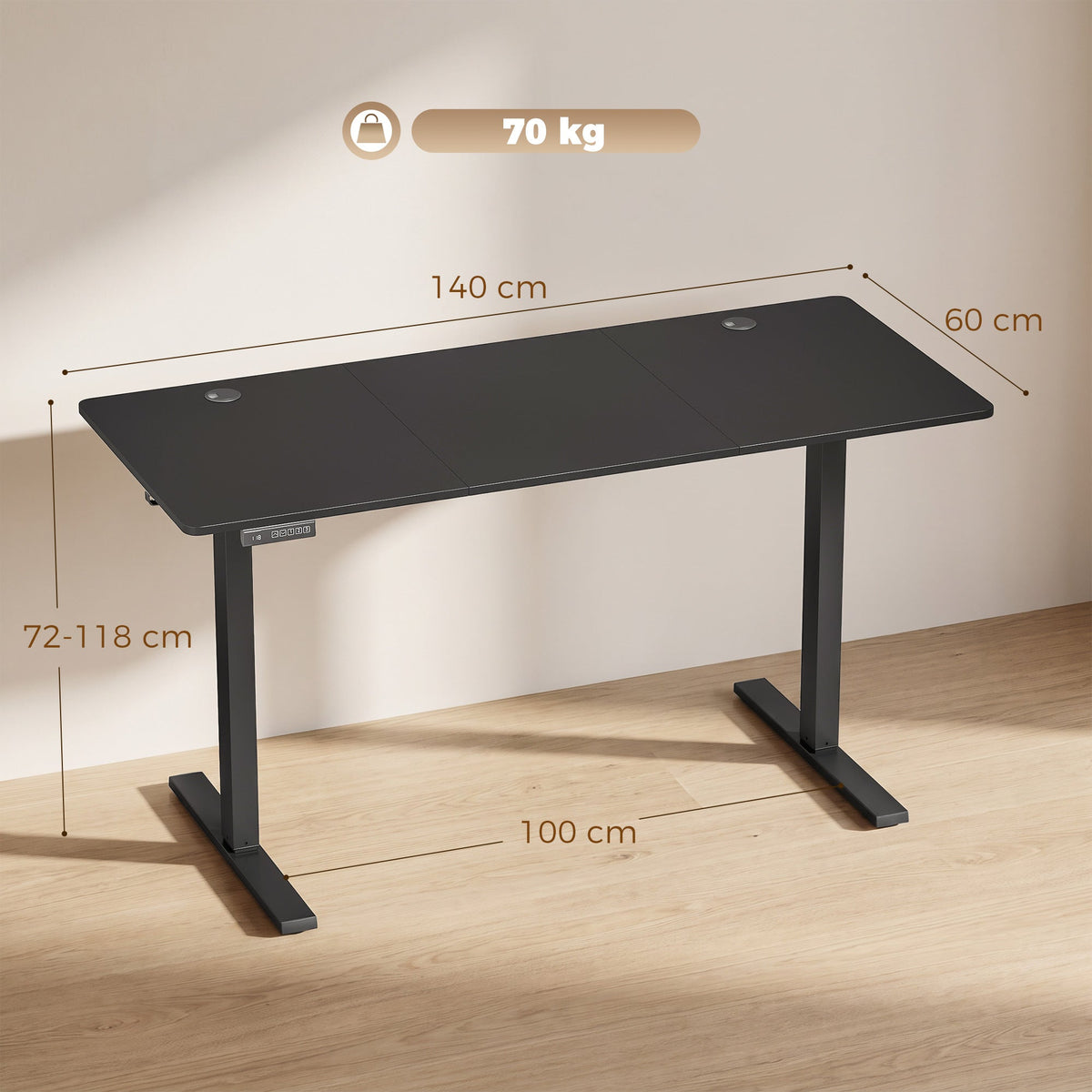 Electric Standing Desk Height Adjustable 140 x 60cm, Sit Stand Desk with 3 Memory Presets, Quiet Home Office Computer Desk with LED Display, Cable Holes & Hooks for Bedroom, Home Office, Black