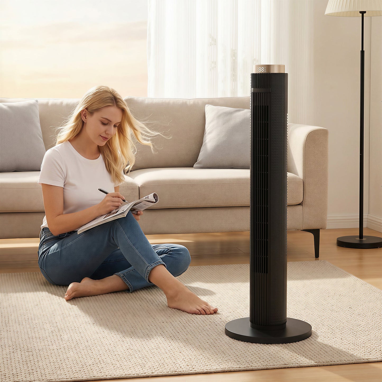 Tower Fan, Standing Floor Fan with Remote Control, WiFi App Control, 65° Oscillating, 3 Speed 4 Modes, 12 Hour Timer and Night Light for Bedroom Office, Black
