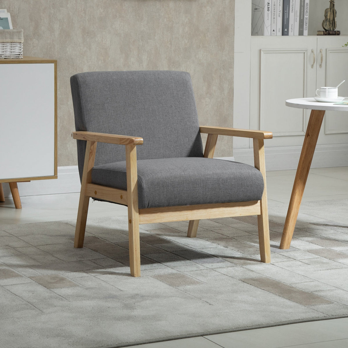 HOMCOM Accent Chair Wood Frame with Thick Linen Cushions Wide Seat Armchair Home Furniture Bedroom Office Grey