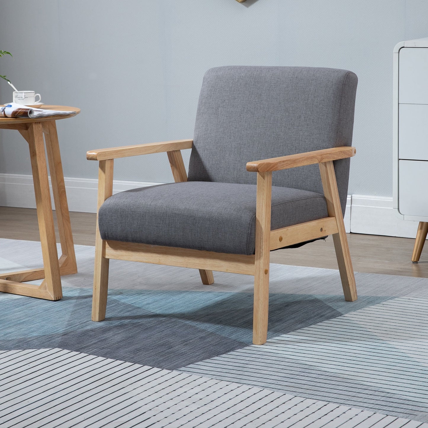 HOMCOM Accent Chair Wood Frame with Thick Linen Cushions Wide Seat Armchair Home Furniture Bedroom Office Grey
