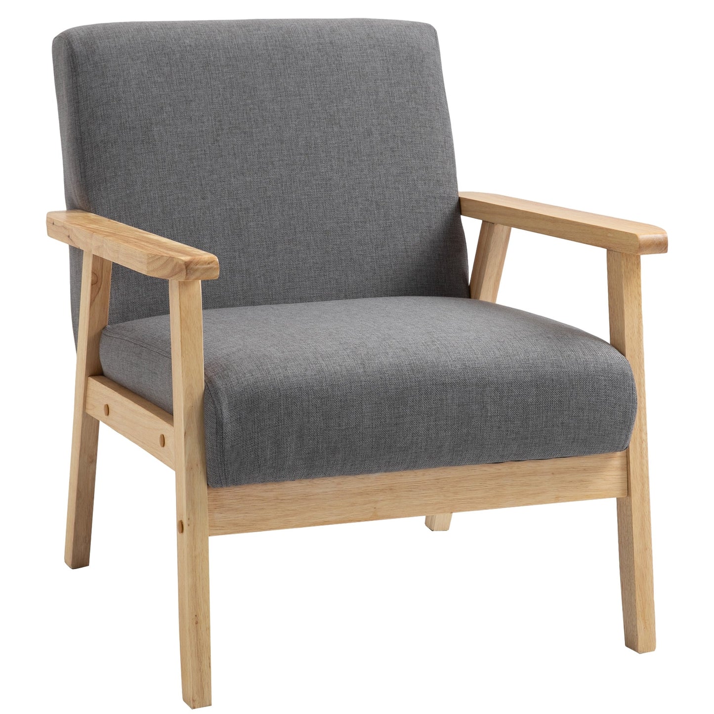 HOMCOM Accent Chair Wood Frame with Thick Linen Cushions Wide Seat Armchair Home Furniture Bedroom Office Grey