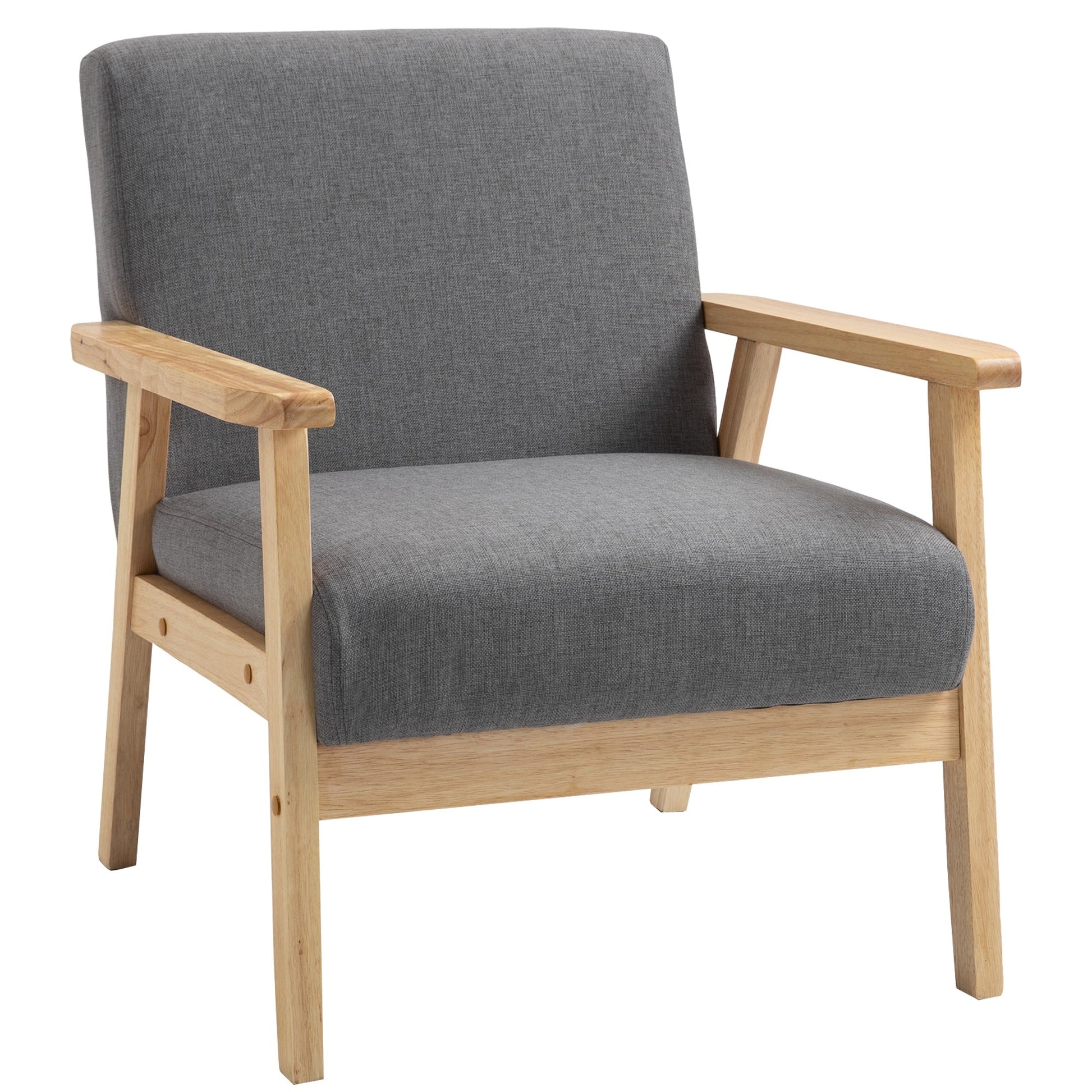 HOMCOM Accent Chair Wood Frame with Thick Linen Cushions Wide Seat Armchair Home Furniture Bedroom Office Grey