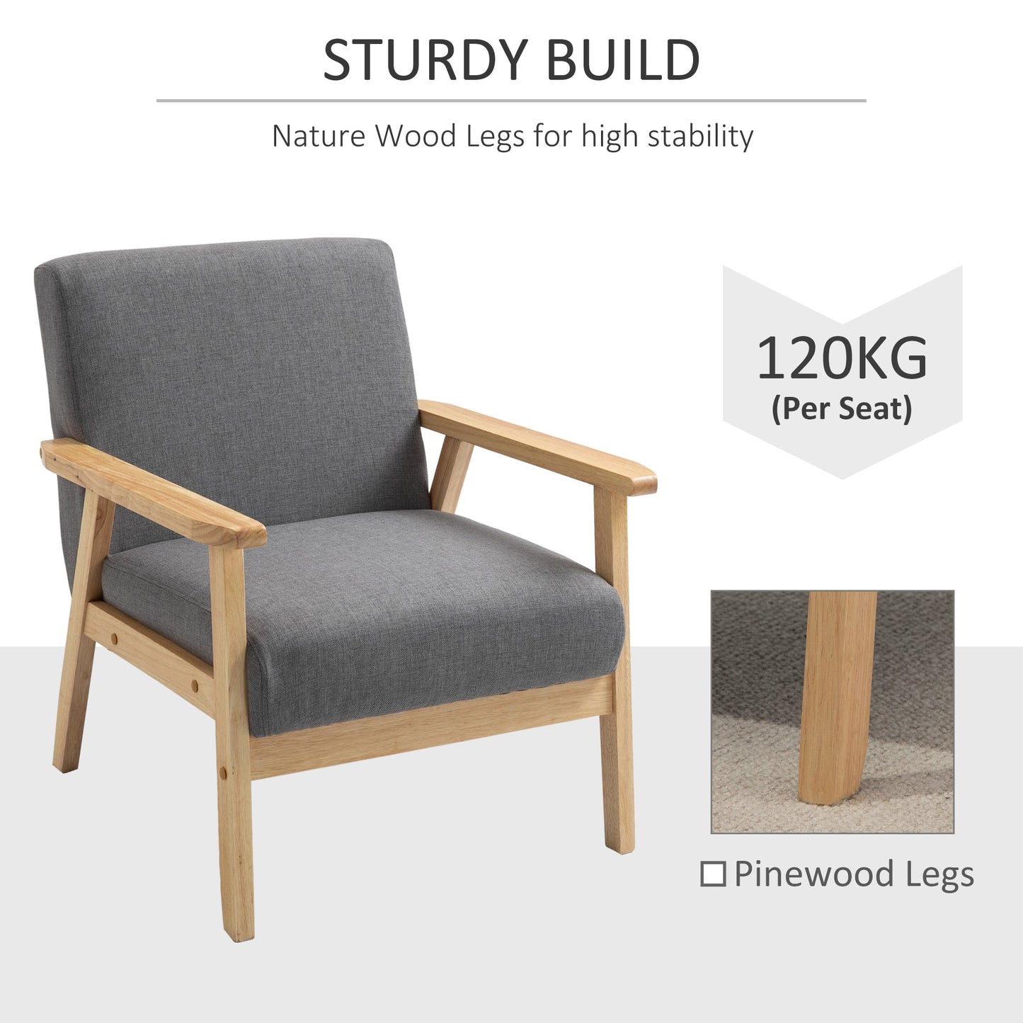 HOMCOM Accent Chair Wood Frame with Thick Linen Cushions Wide Seat Armchair Home Furniture Bedroom Office Grey