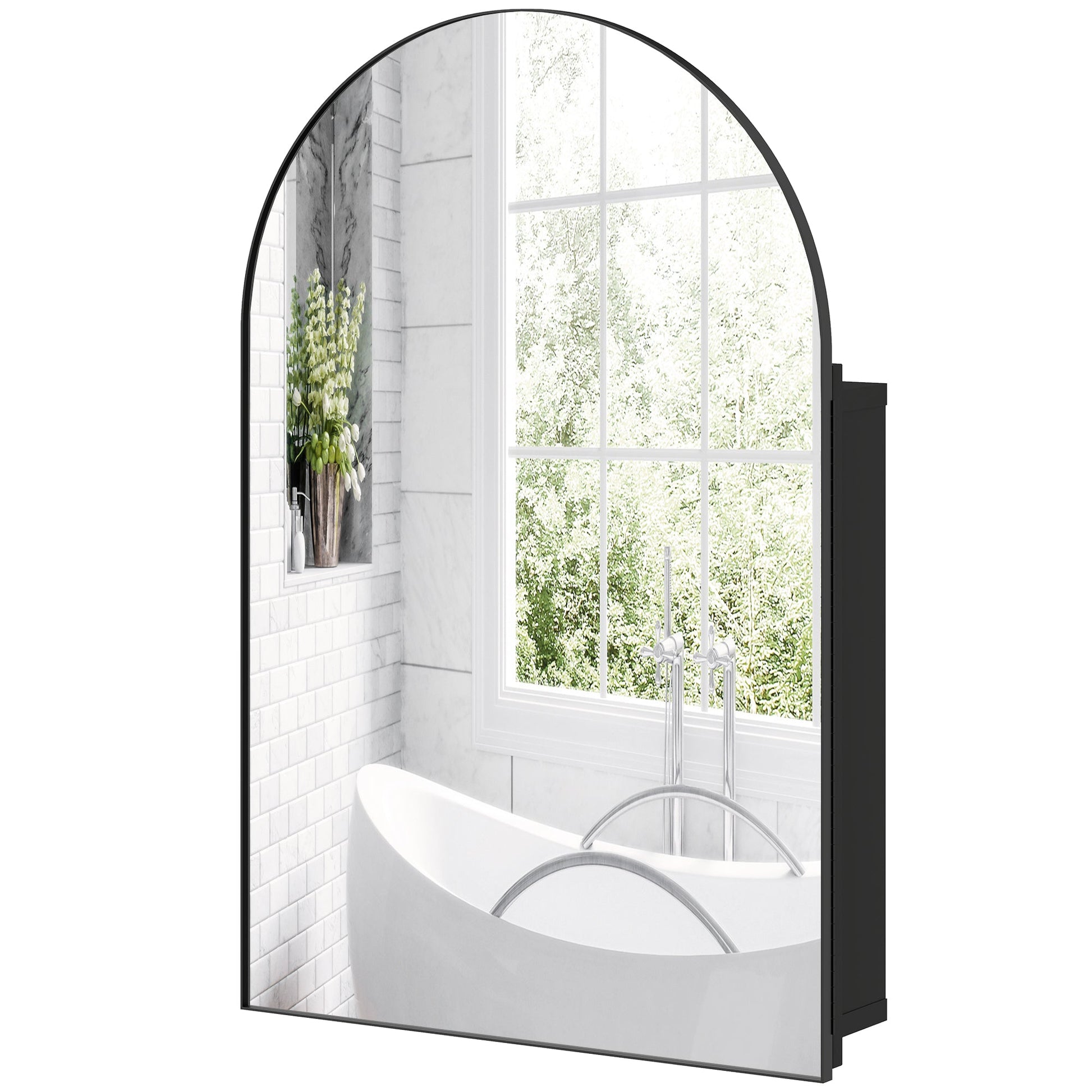 Arched Bathroom Mirror Cabinet, Bathroom Wall Cabinet with Mirror and Storage Shelves, 50 x 76 cm, Black