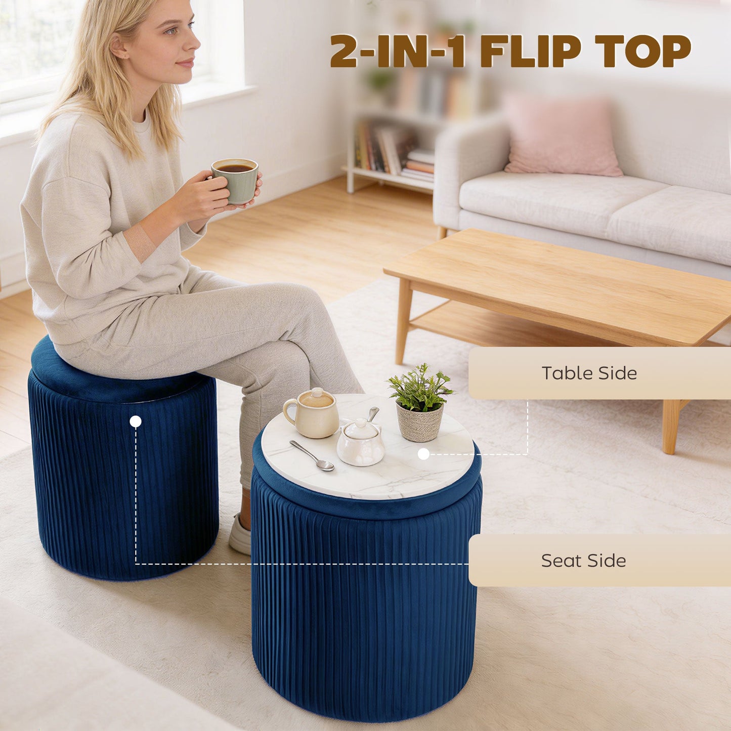 Round Storage Ottoman, Velvet-feel Fabric Upholstered Foot Stool with Removable Top, Padded Seat and Hidden Space for Living Room, Bedroom, Blue