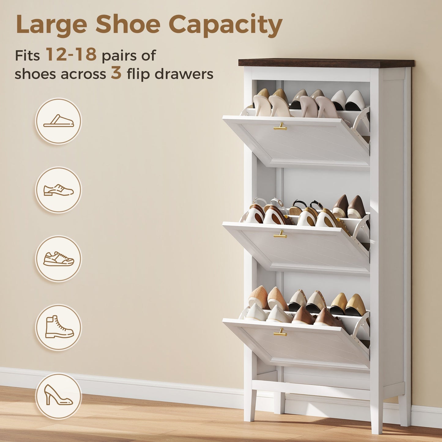 Shoe Cabinet with 3 Flip Drawers, Farmhouse Narrow Shoe Storage Cabinet with Adjustable Shelves, Freestanding for Entryway, Hallway, Living Room, Holds 12-18 Pairs, White
