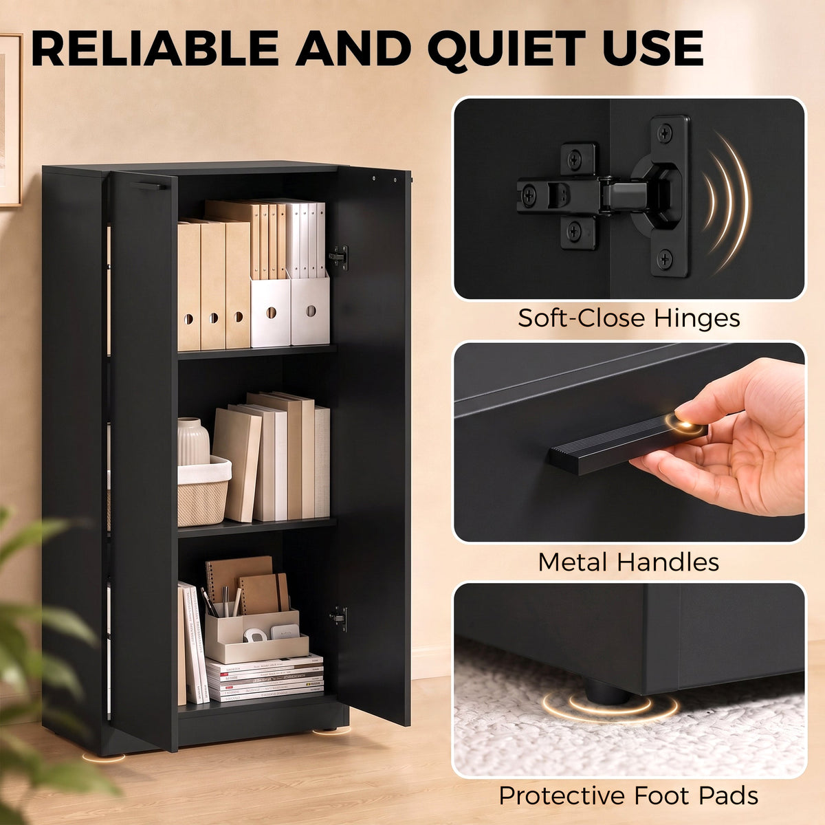 120 cm Tall Storage Cabinet Cupboard, 3-Tier File Organiser Wooden Filing Cabinet, Soft-Close Hinges, for Tool Garage Storage, Home Office, Study, Living Room, Black