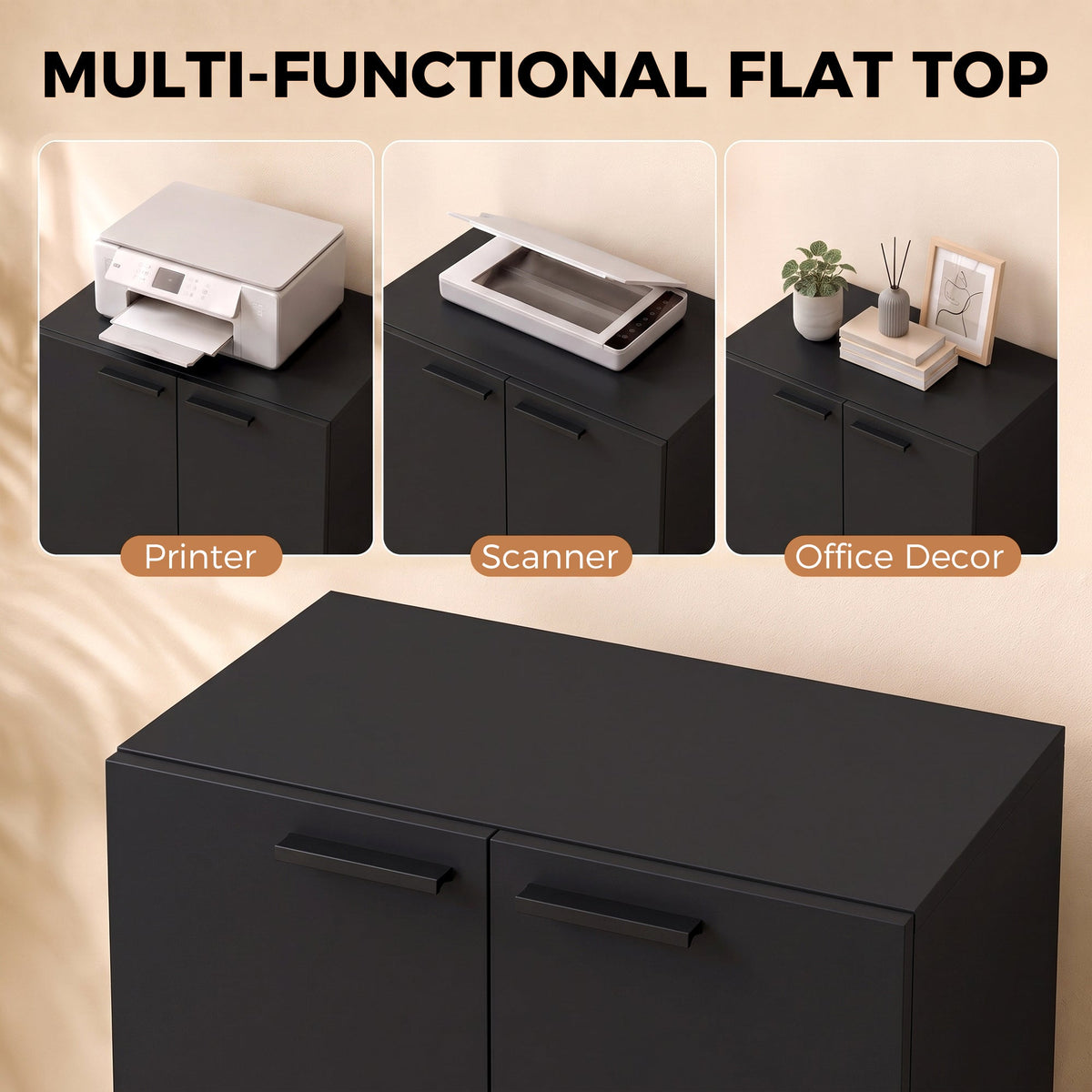 120 cm Tall Storage Cabinet Cupboard, 3-Tier File Organiser Wooden Filing Cabinet, Soft-Close Hinges, for Tool Garage Storage, Home Office, Study, Living Room, Black