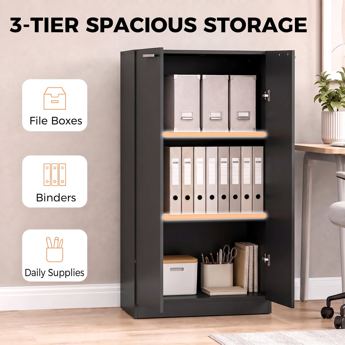 120 cm Tall Storage Cabinet Cupboard, 3-Tier File Organiser Wooden Filing Cabinet, Soft-Close Hinges, for Tool Garage Storage, Home Office, Study, Living Room, Black