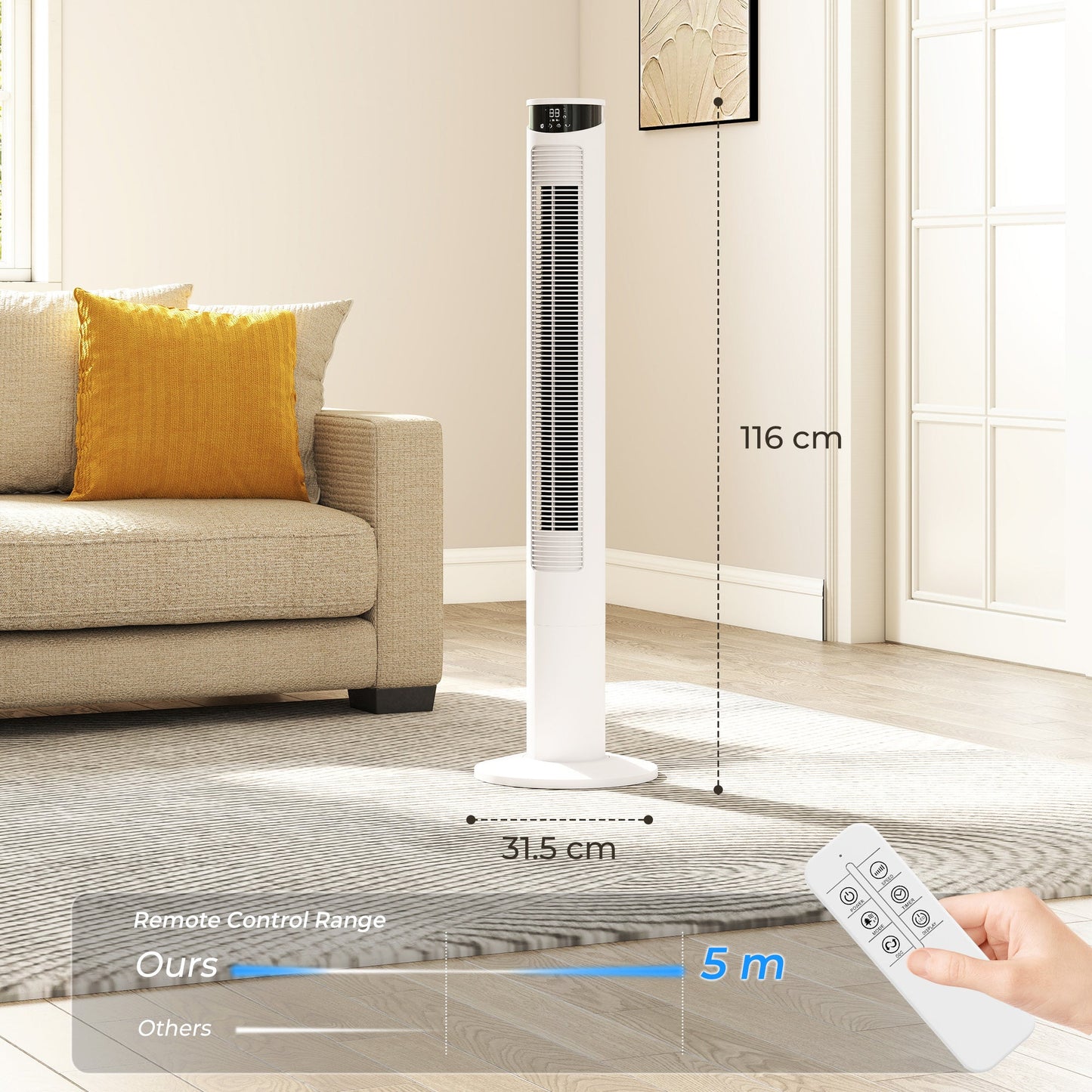 116 cm Tower Fan for Cooling, Standing Floor Fan with WiFi Control, 65° Oscillating, 12 Hour Timer, LED Display and Remote Control for Bedroom, Office, White