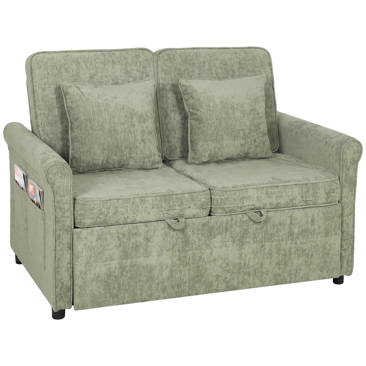 2 Seater Sofa Bed, 3-in-1 Convertible Pull Out Double Sleeper Sofa 190 x 130 cm, 5-Position Adjustable Backrest, Chenille Loveseat Bed Settee for Living Room, Bedroom, Guest Room, Light Green