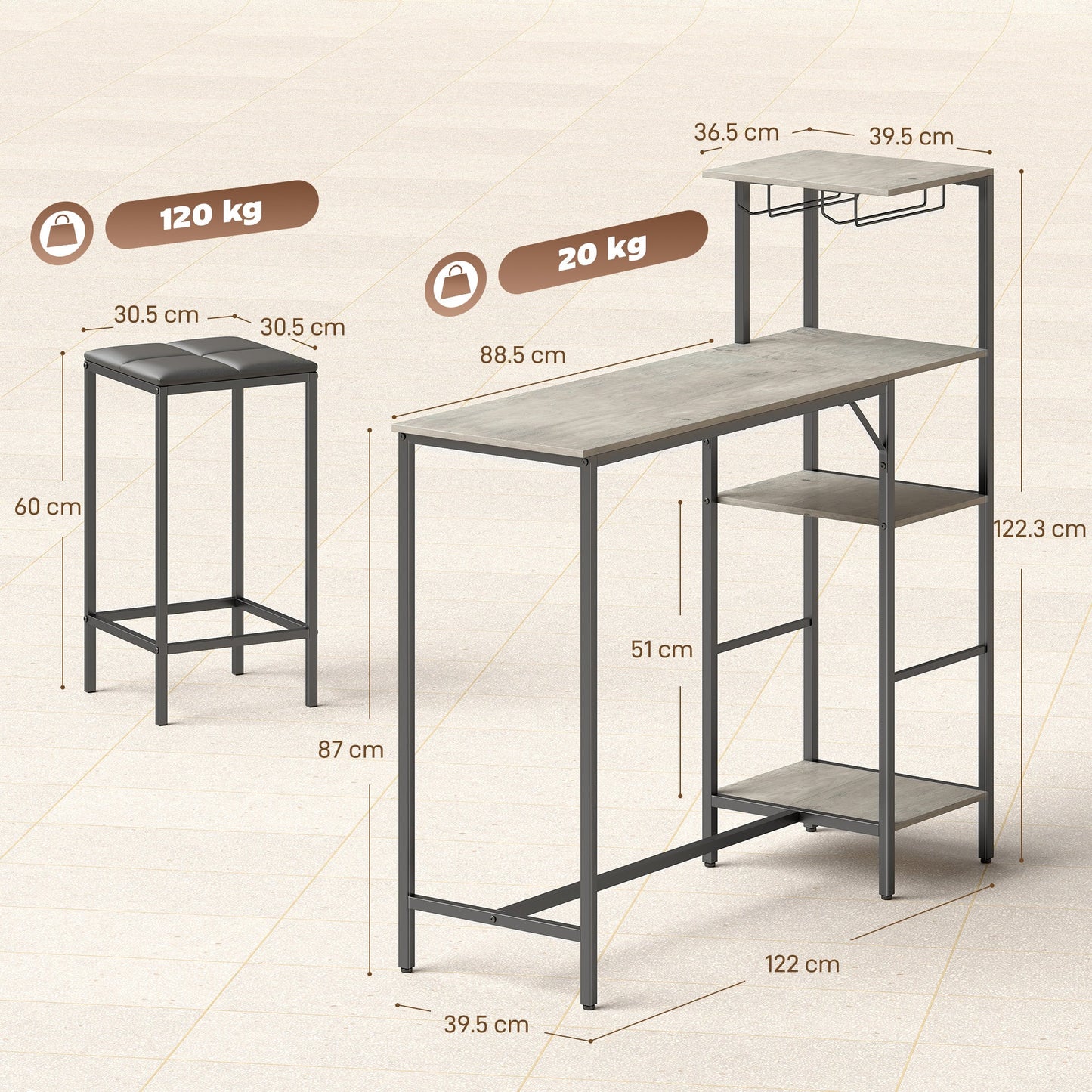 3 Piece Breakfast Bar Table and Stools Set, Dining Table with 4-tier shelving and Glasses Holders, 2 PU Leather Bar Stools with Footrest for Kitchen, Dining Room, Pub, Washed Grey