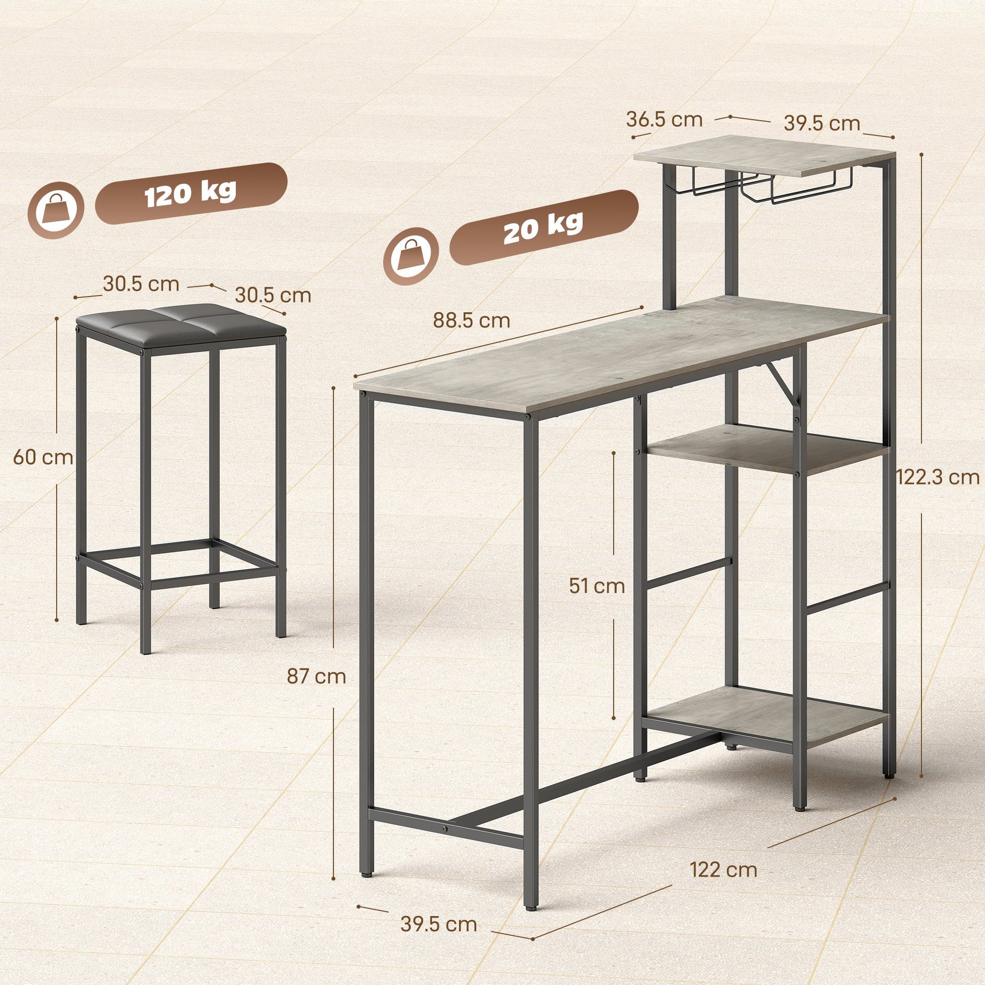 3 Piece Breakfast Bar Table and Stools Set, Dining Table with 4-tier shelving and Glasses Holders, 2 PU Leather Bar Stools with Footrest for Kitchen, Dining Room, Pub, Washed Grey