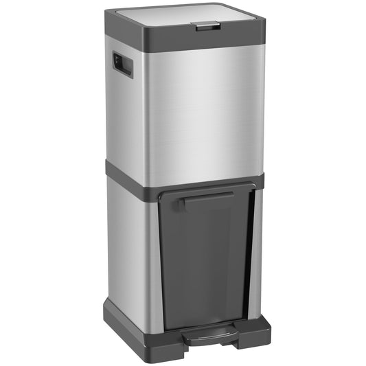 HOMCOM Dual Kitchen Bin, 20+14L Double Bin for Recycling and Waste, Stainless Steel Vertical Pedal Bin with Tilt Out Bin, Soft-Close Lid, Removable Inner Buckets and Handles, Silver