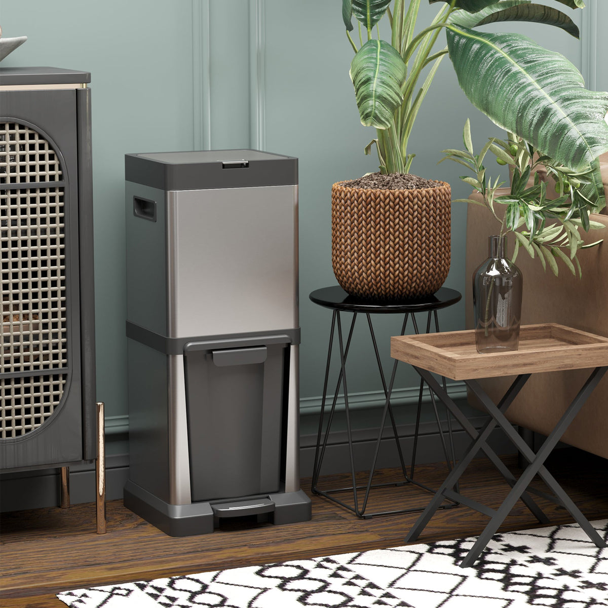 HOMCOM Dual Kitchen Bin, 20+14L Double Bin for Recycling and Waste, Stainless Steel Vertical Pedal Bin with Tilt Out Bin, Soft-Close Lid, Removable Inner Buckets and Handles, Silver