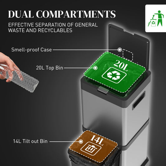 HOMCOM Dual Kitchen Bin, 20+14L Double Bin for Recycling and Waste, Stainless Steel Vertical Pedal Bin with Tilt Out Bin, Soft-Close Lid, Removable Inner Buckets and Handles, Silver